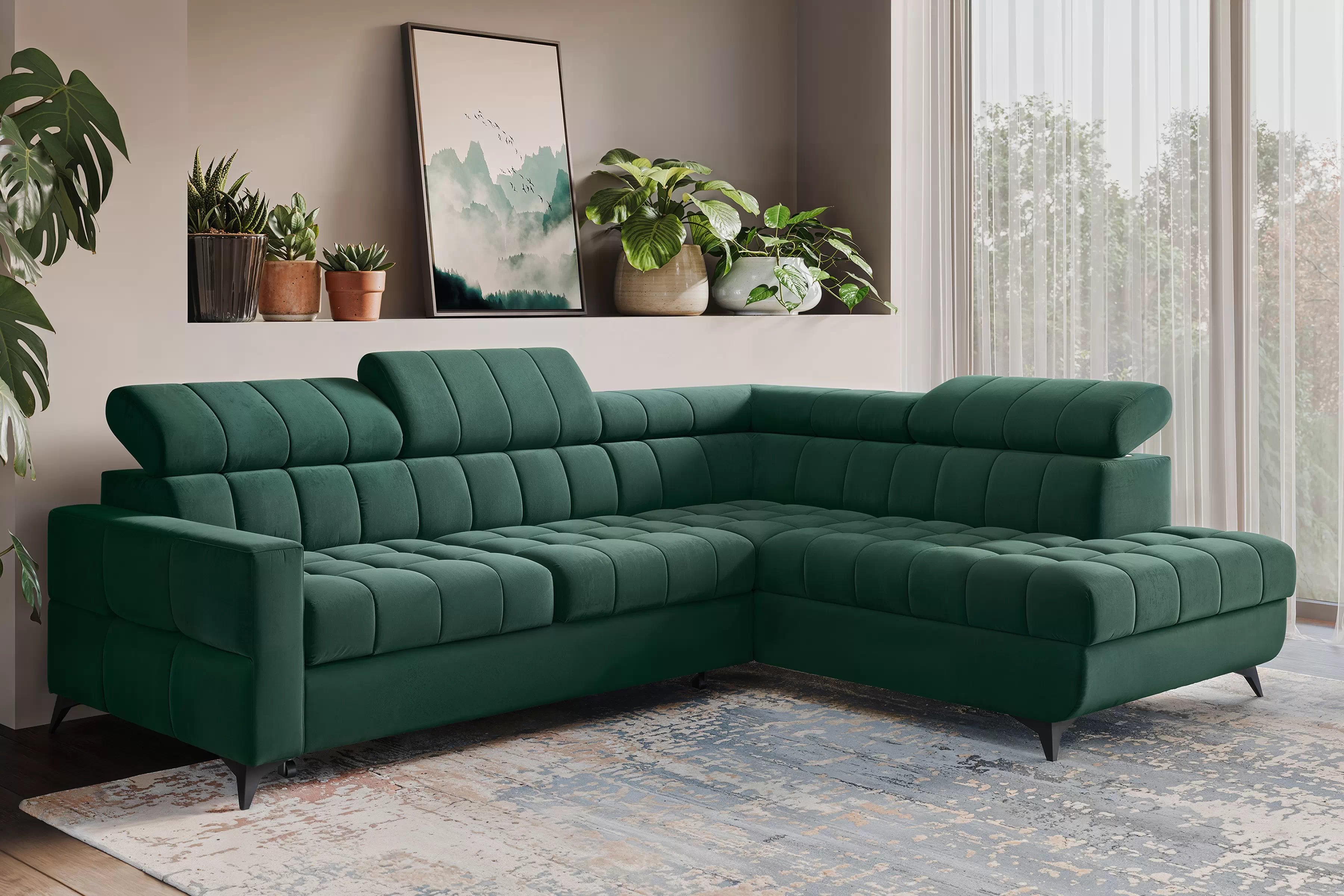 Rozkladacia rohová sedacia súprava Nardo L pravá - zelený zamat Bluvel 78 Rohová sedacia súprava Nardo L s funkciou spánku pravá strana - Zelený velúr Bluvel 78