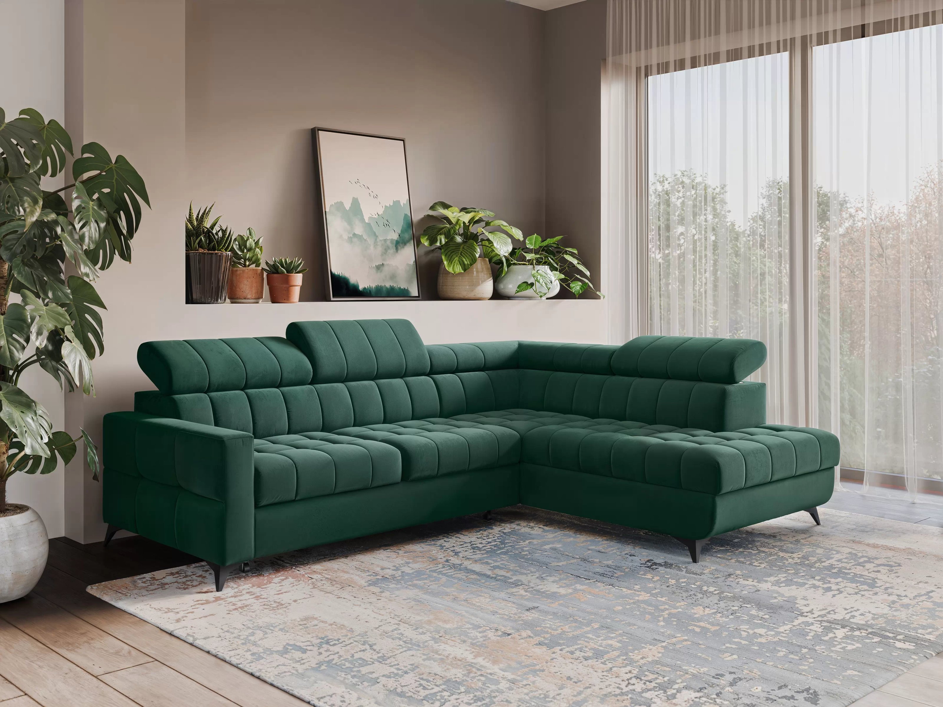 Rozkladacia rohová sedacia súprava Nardo L pravá - zelený zamat Bluvel 78 Rohová sedacia súprava Nardo L s funkciou spánku pravá strana - Zelený velúr Bluvel 78