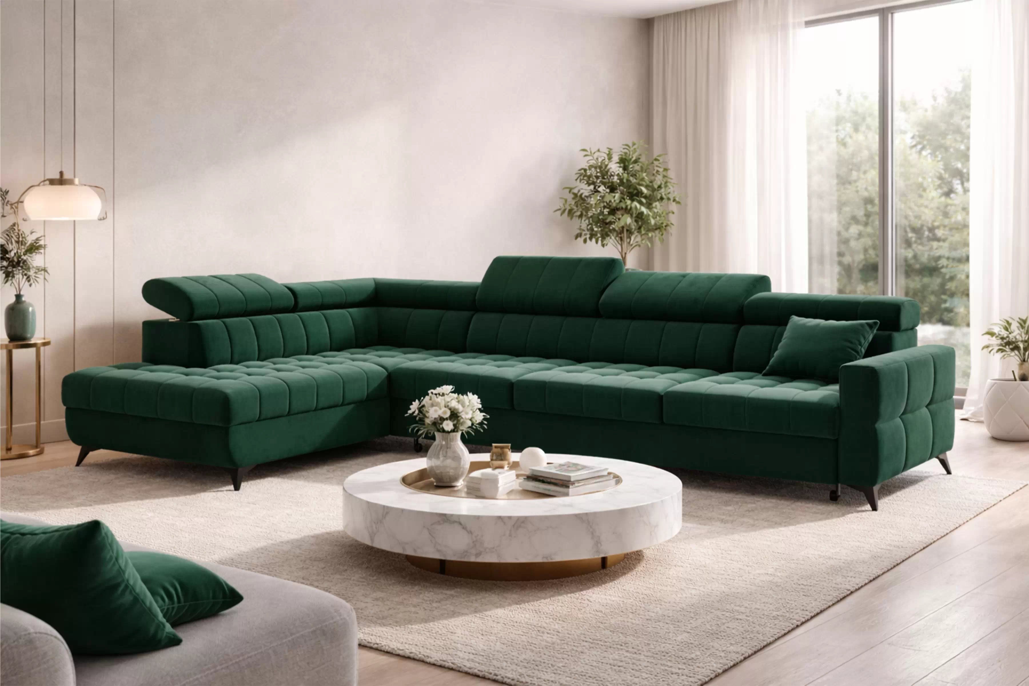 Rohová sedačka Nardo Maxi s rozkladom ľavostranná - zelený zamat Bluvel 78 Rohová sedacia súprava Nardo Maxi s funkciou spánku Ľavá strana - Zelený velúr Bluvel 78