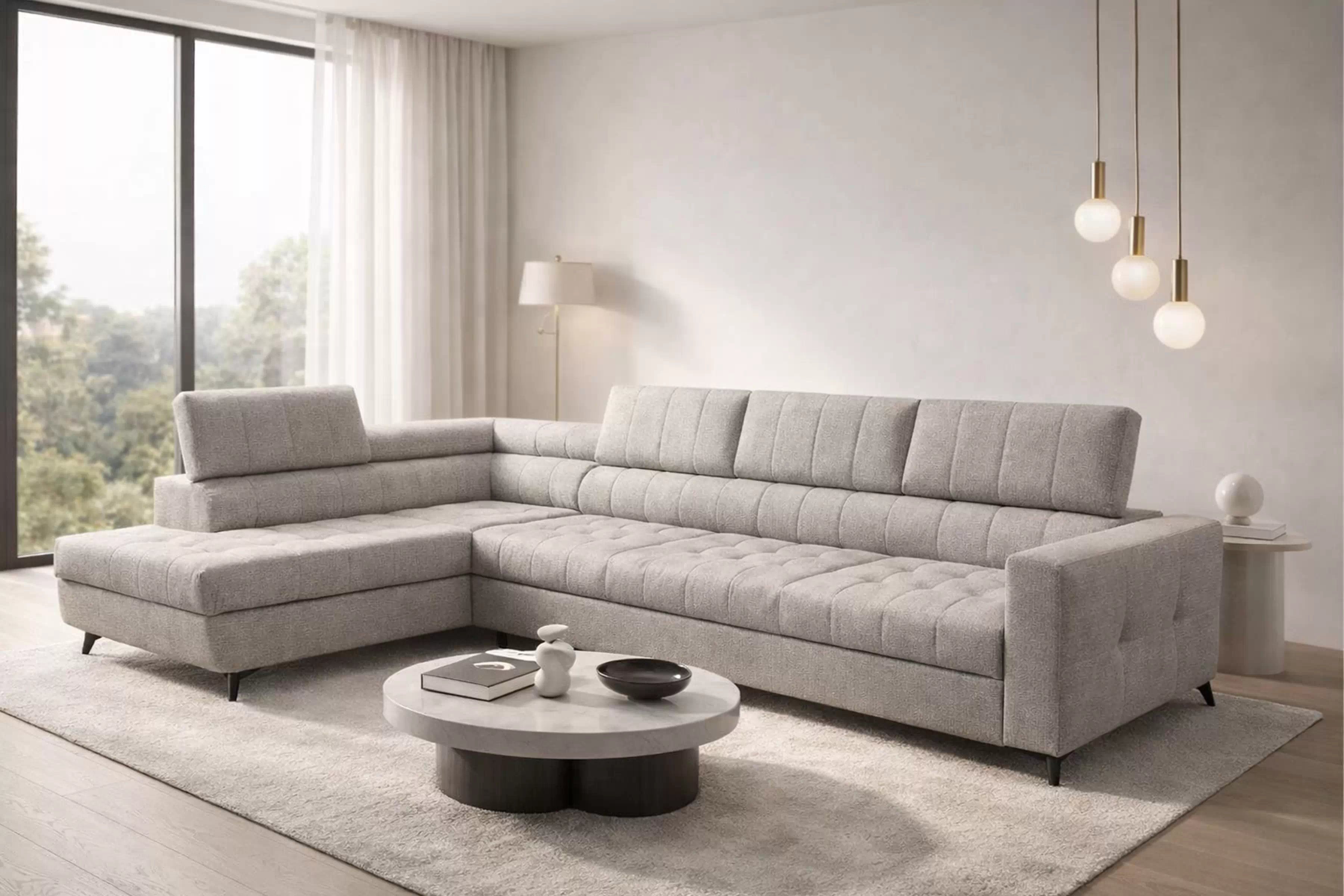 Rozkladacia rohová sedacia súprava Nardo Maxi ľavá - šedá ľahkočistiaca žinylka Taro 11 Rohová sedacia súprava Nardo Maxi s funkciou spánku Ľavá strana - šedý šenil ľahkočistiaci Taro 11