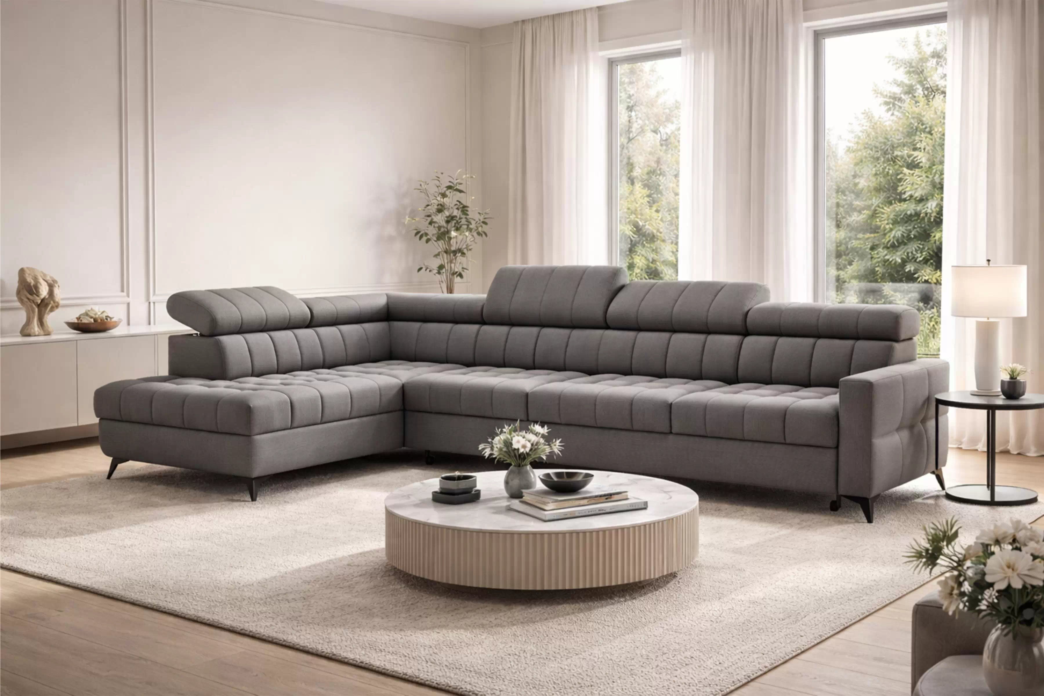 Rohová sedačka Nardo Maxi s funkciou spania ľavá - sivý plyš Pretty 17 Rohová sedacia súprava Nardo Maxi s funkciou spánku Ľavá strana - šedý plusz Pretty 17