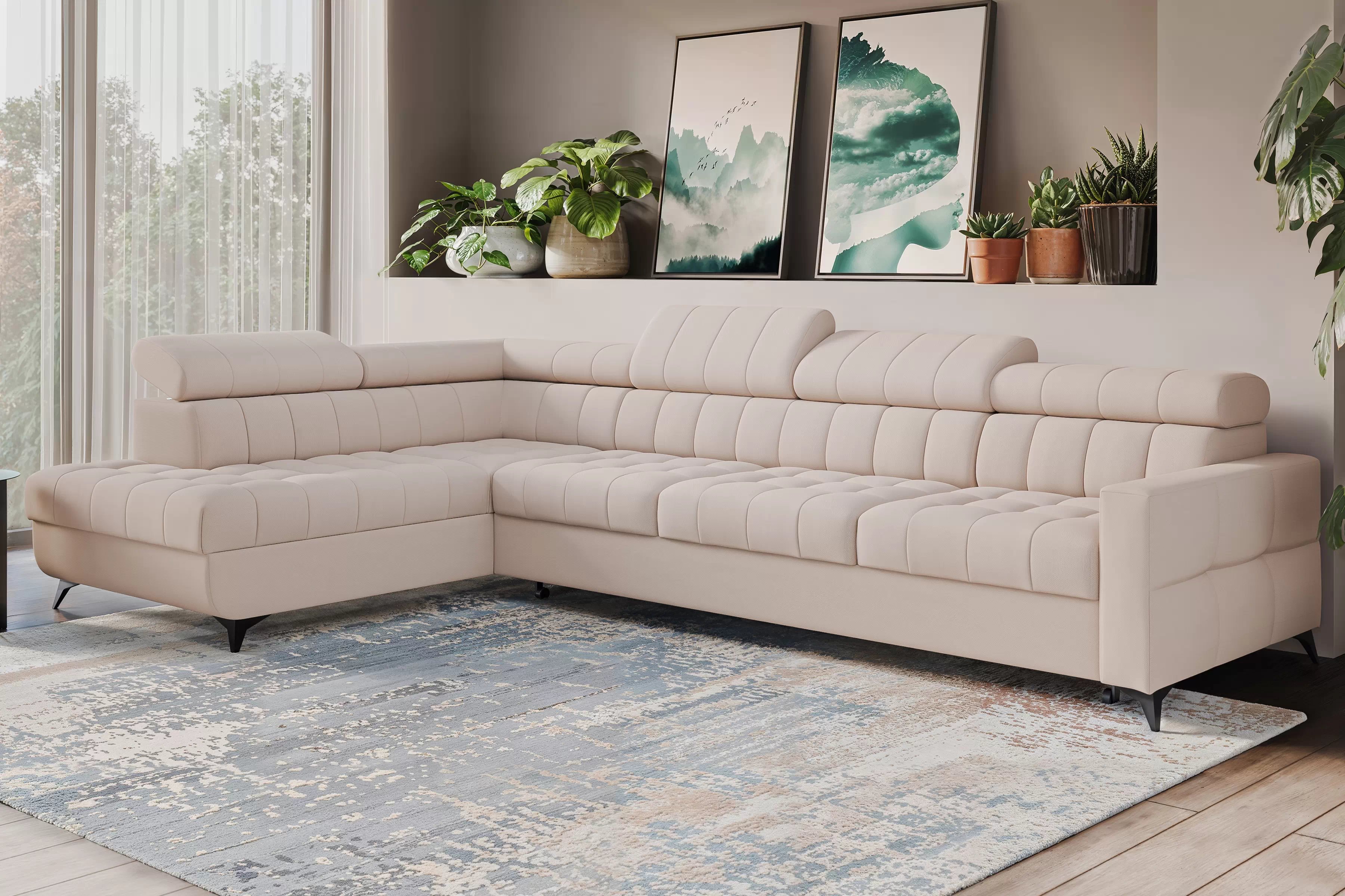 Rozkladacia rohová sedacia súprava Nardo Maxi ľavá - béžový plyš Pretty 03 Rohová sedacia súprava Nardo Maxi s funkciou spánku Ľavá strana - béžový plusz Pretty 03 