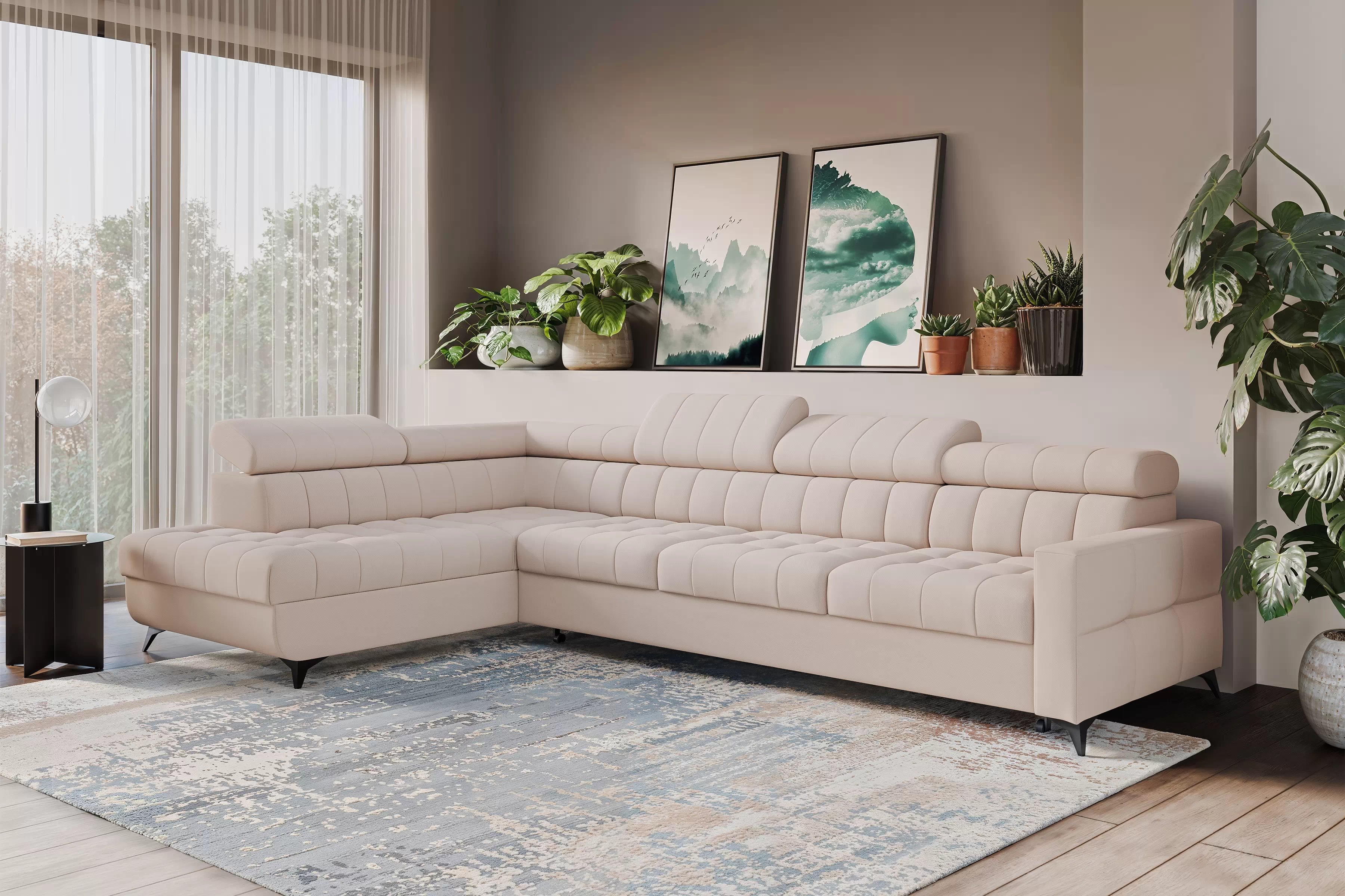 Rozkladacia rohová sedacia súprava Nardo Maxi ľavá - béžový plyš Pretty 03 Rohová sedacia súprava Nardo Maxi s funkciou spánku Ľavá strana - béžový plusz Pretty 03 