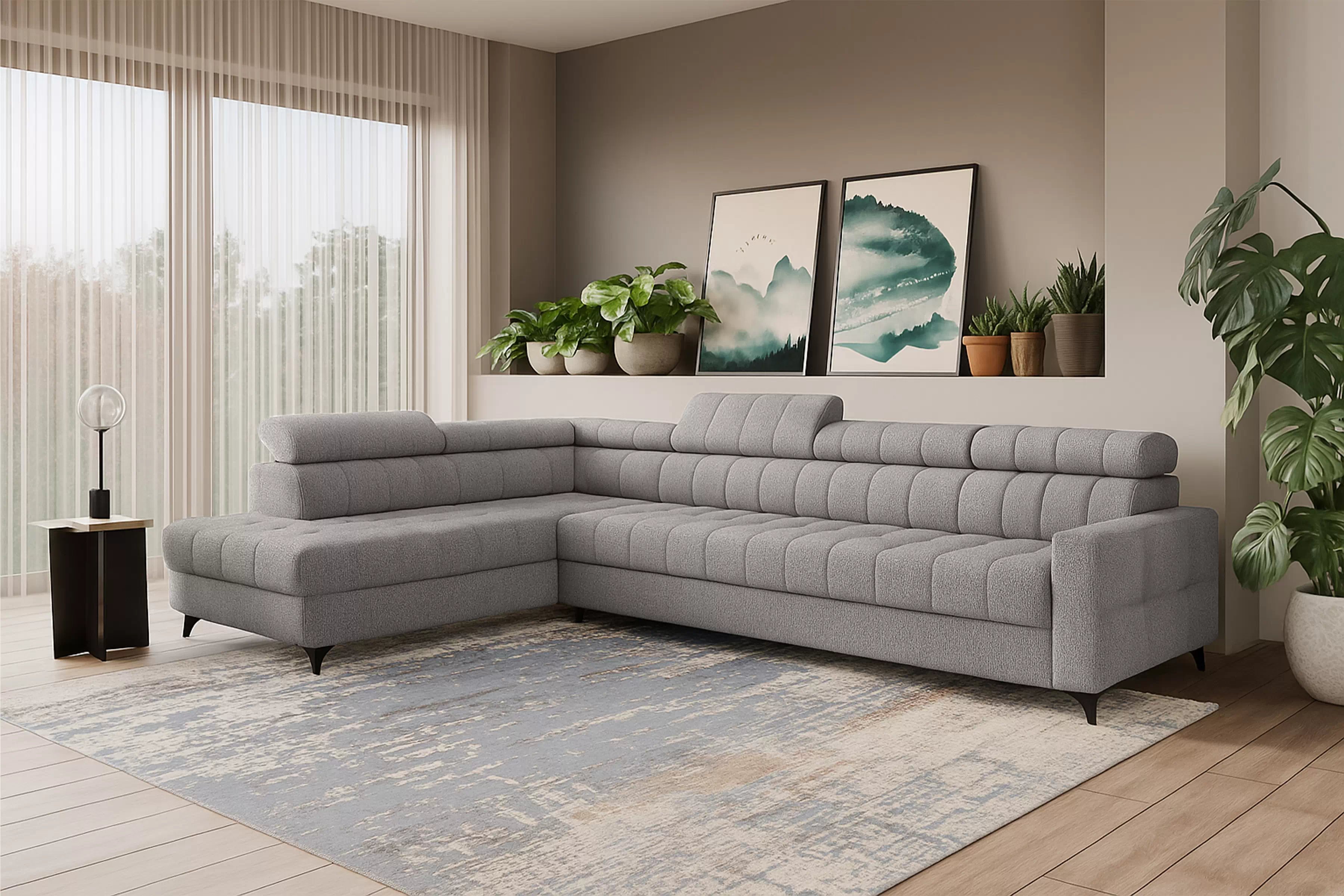 Rozkladacia rohová sedacia súprava Nardo Maxi ľavá - šedá ľahkočistiaca žinylka Taro 11 Rohová sedacia súprava Nardo Maxi s funkciou spánku Ľavá strana - šedý šenil ľahkočistiaci Taro 11