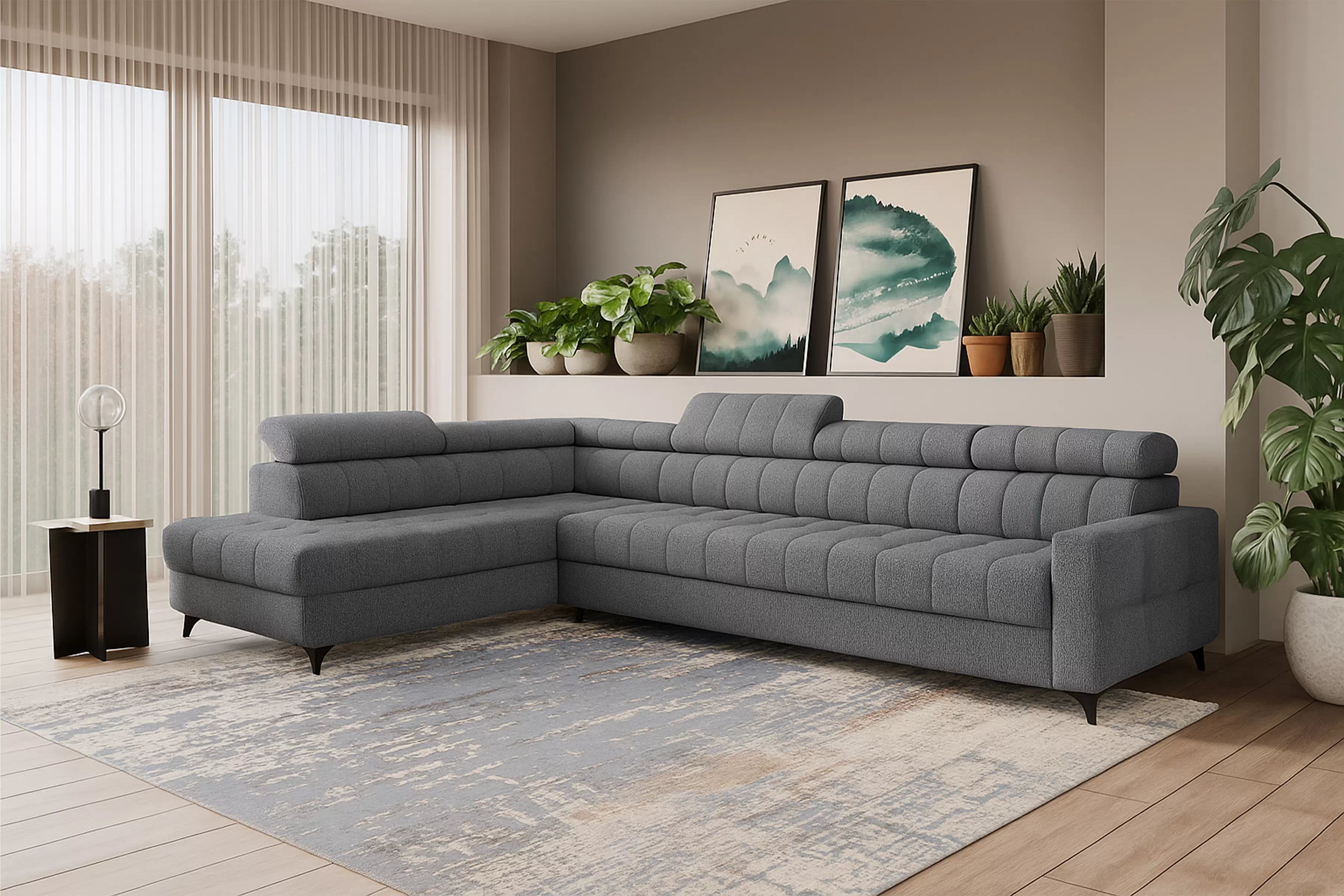 Rozkladacia rohová sedacia súprava Nardo Maxi ľavá - šedá ľahkočistiaca žinylka Taro 97 Rohová sedacia súprava Nardo Maxi s funkciou spánku Ľavá strana - šedý šenil ľahkočistiaci Taro 97 