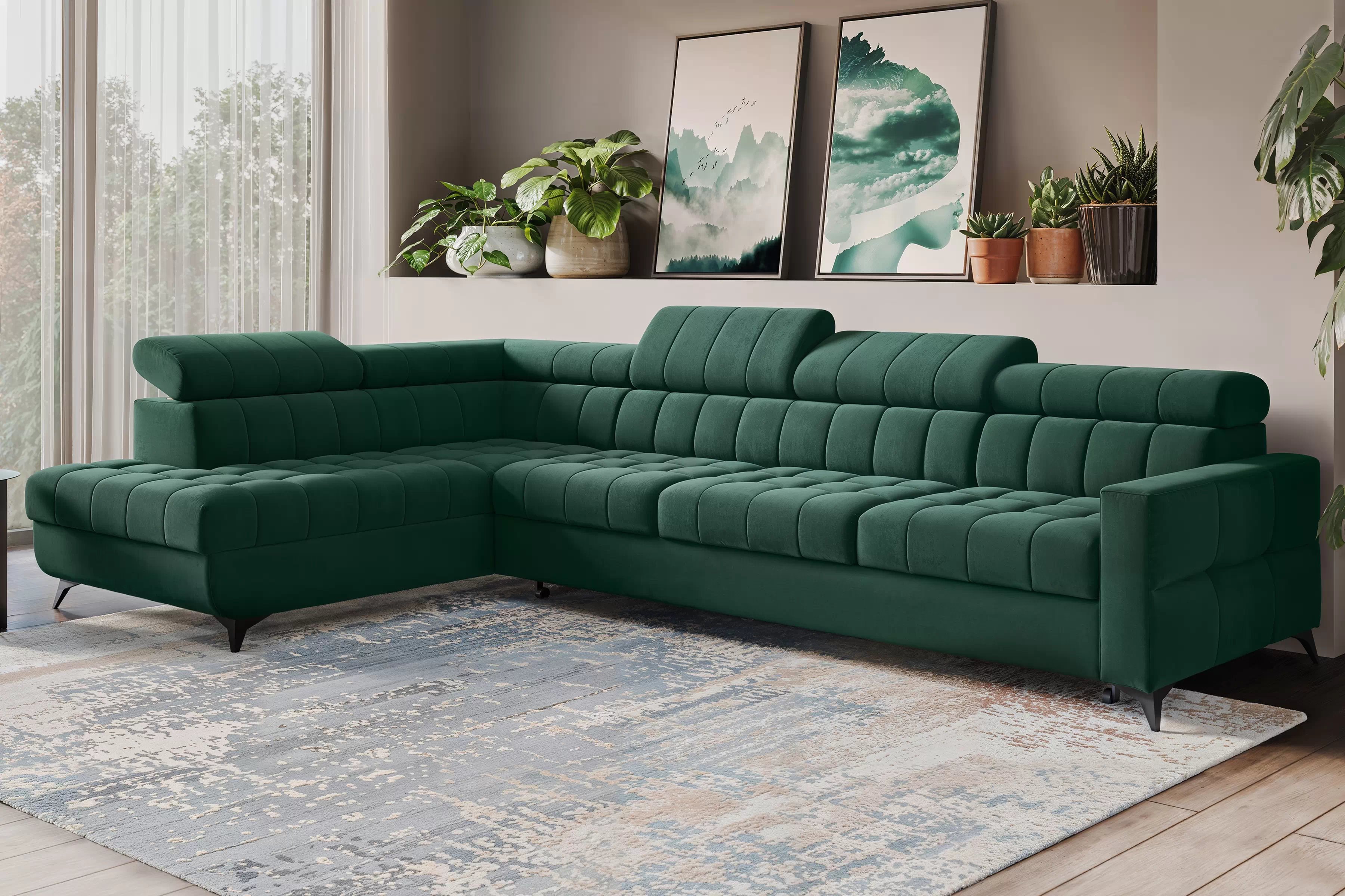 Rohová sedačka Nardo Maxi s rozkladom ľavostranná - zelený zamat Bluvel 78 Rohová sedacia súprava Nardo Maxi s funkciou spánku Ľavá strana - Zelený velúr Bluvel 78