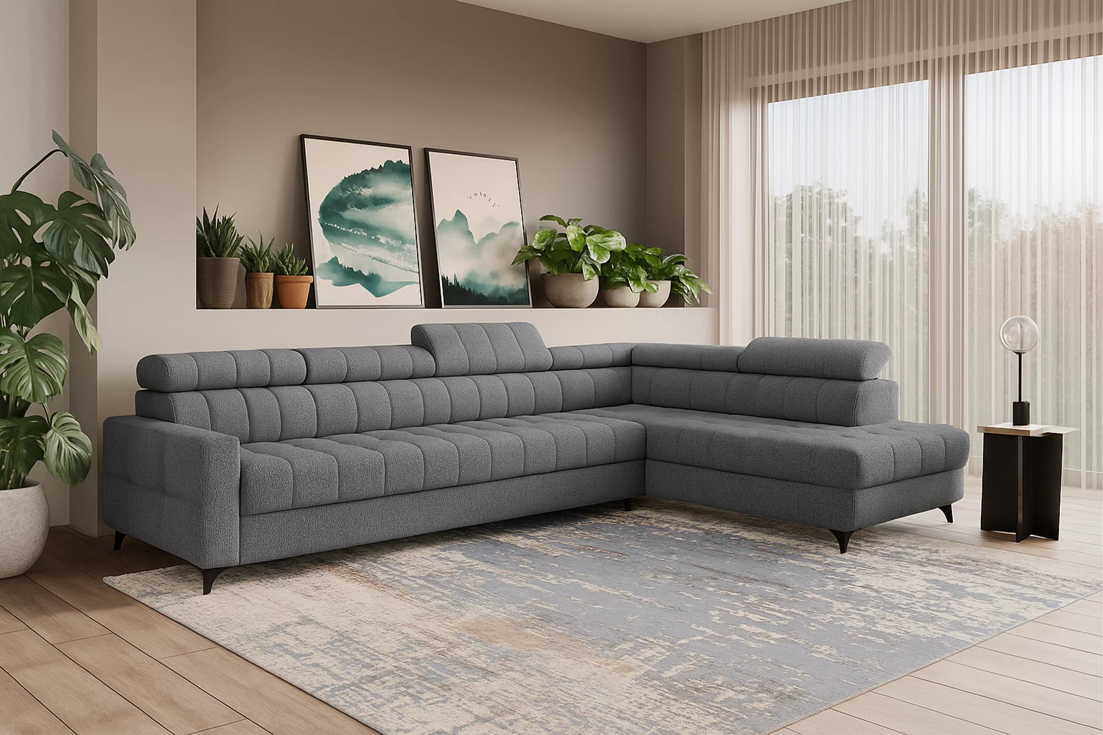 Rozkladacia rohová sedacia súprava Nardo Maxi pravá - šedá ľahkočistiaca žinylka Taro 97 Rohová sedacia súprava Nardo Maxi s funkciou spánku pravá strana - šedý šenil ľahkočistiaci Taro 97 