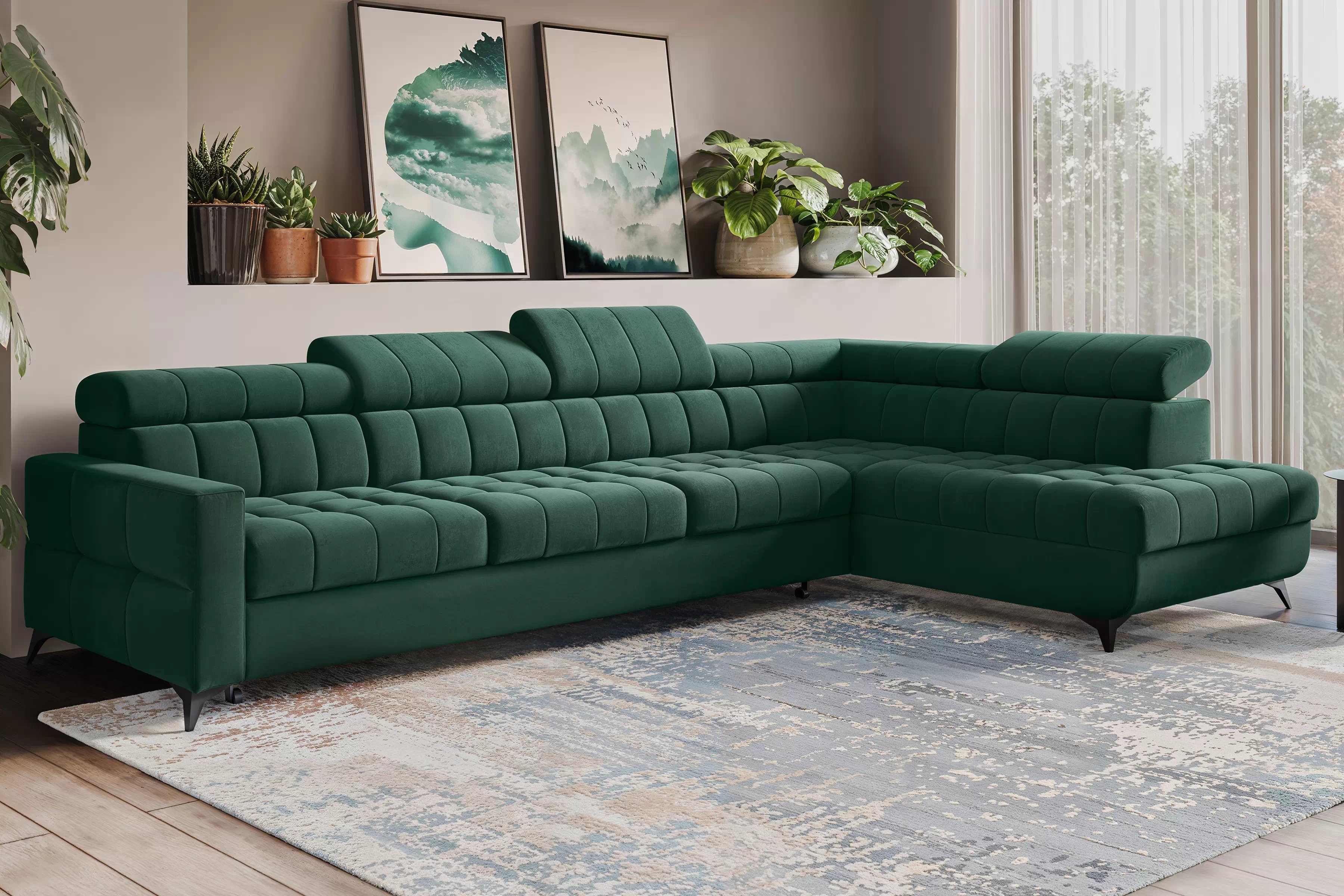 Rozkladacia rohová sedacia súprava Nardo Maxi pravá - zelený zamat Bluvel 78 Rohová sedacia súprava Nardo Maxi s funkciou spánku pravá strana - Zelený velúr Bluvel 78