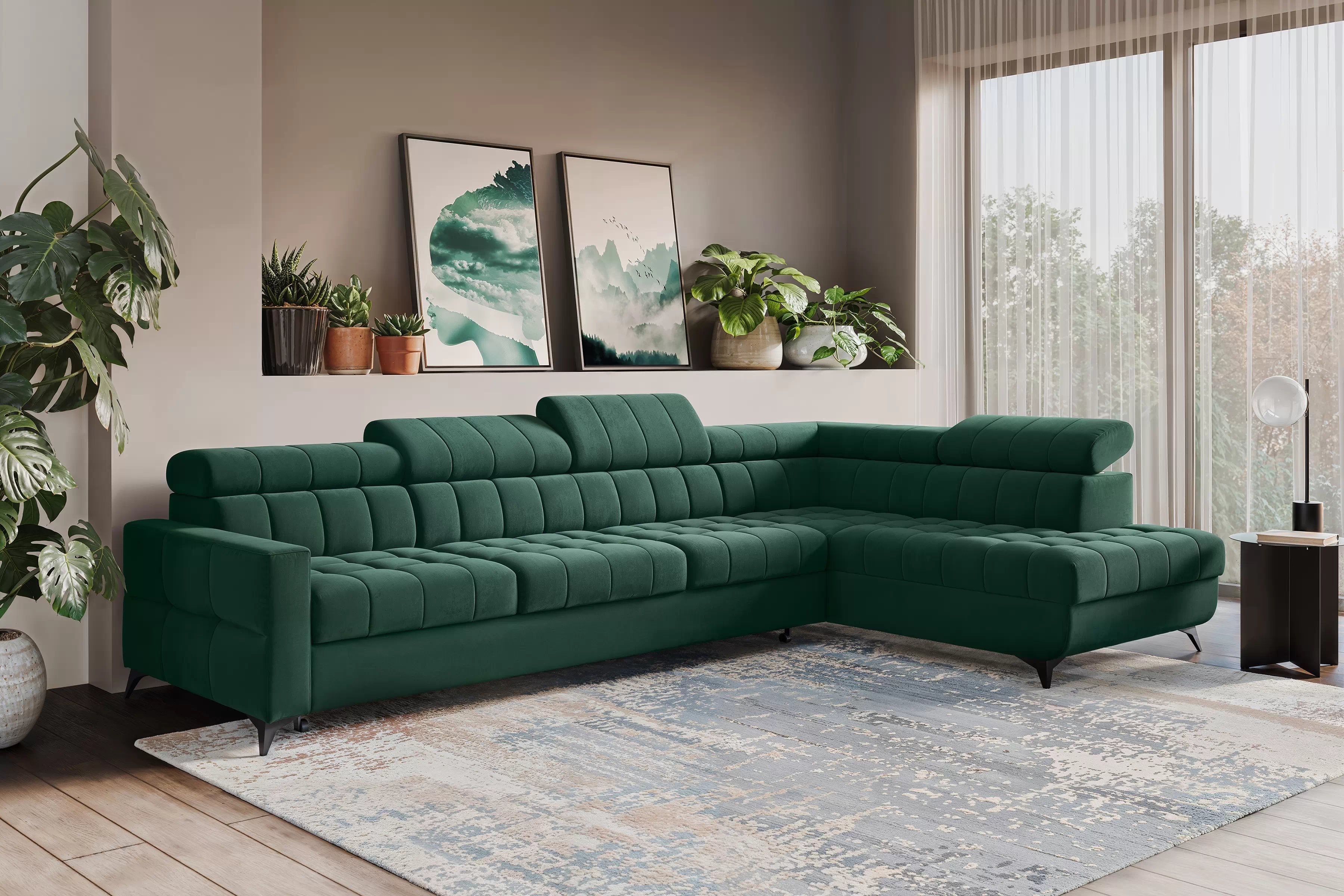 Rozkladacia rohová sedacia súprava Nardo Maxi pravá - zelený zamat Bluvel 78 Rohová sedacia súprava Nardo Maxi s funkciou spánku pravá strana - Zelený velúr Bluvel 78