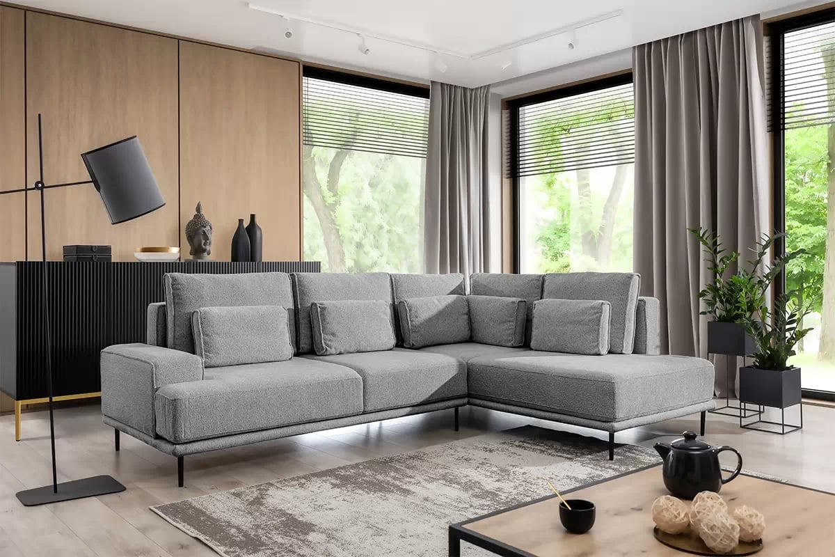 Rohová sedací souprava Nicole L rozkládací pravá - šedá pletenina Magni 206-12 / černé nožky Rohová sedací souprava Nicole L rozkladany pravá - šedá plecionka Magni 206-12 / Nohy černá 