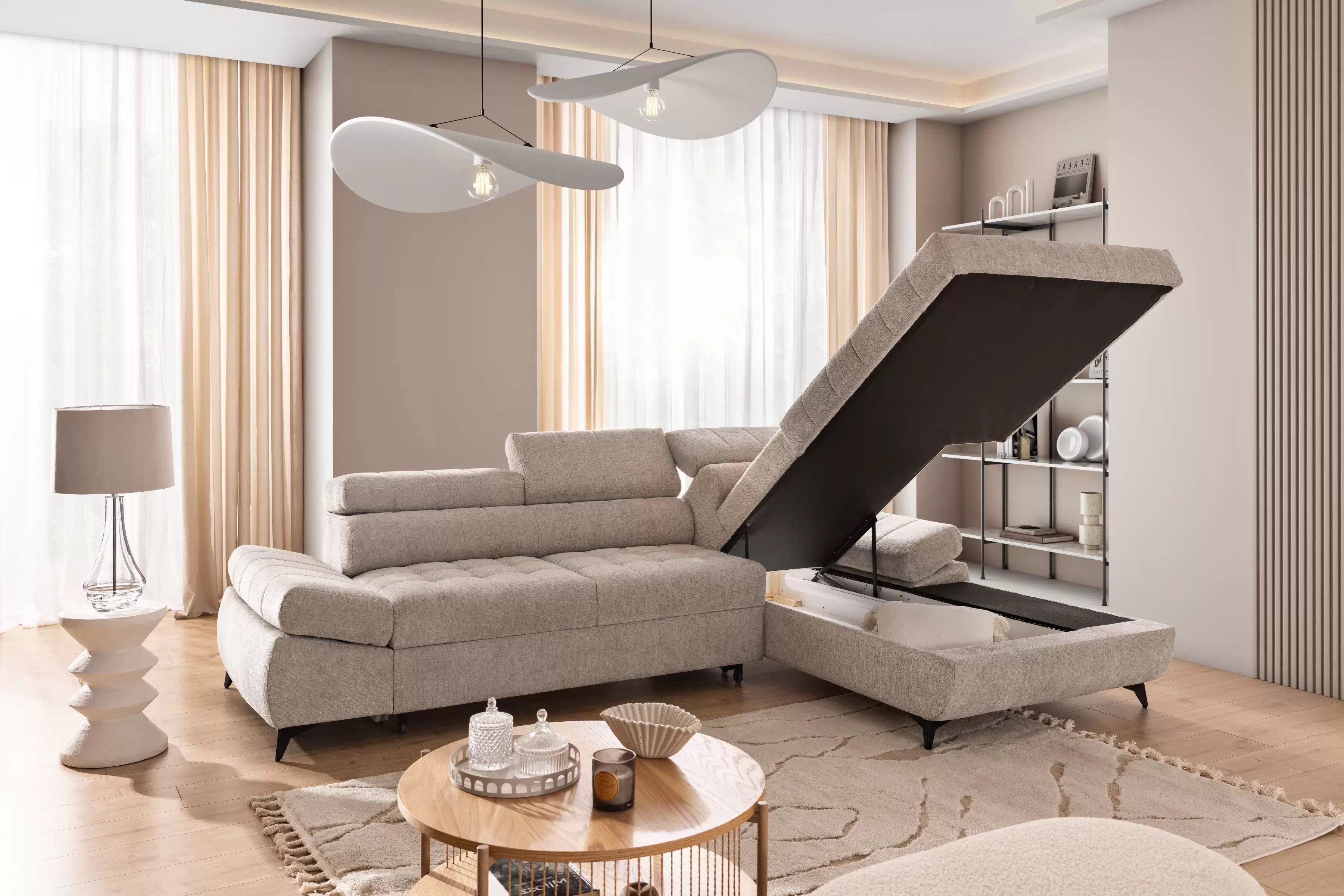 Rohová pohovka Valoris Mini pravá s funkcí spánku - béžový szenil Perfect Harmony 07 Rohová sedací souprava pravá rozkládací Valoris Mini - béžová šenil Perfect harmony 07