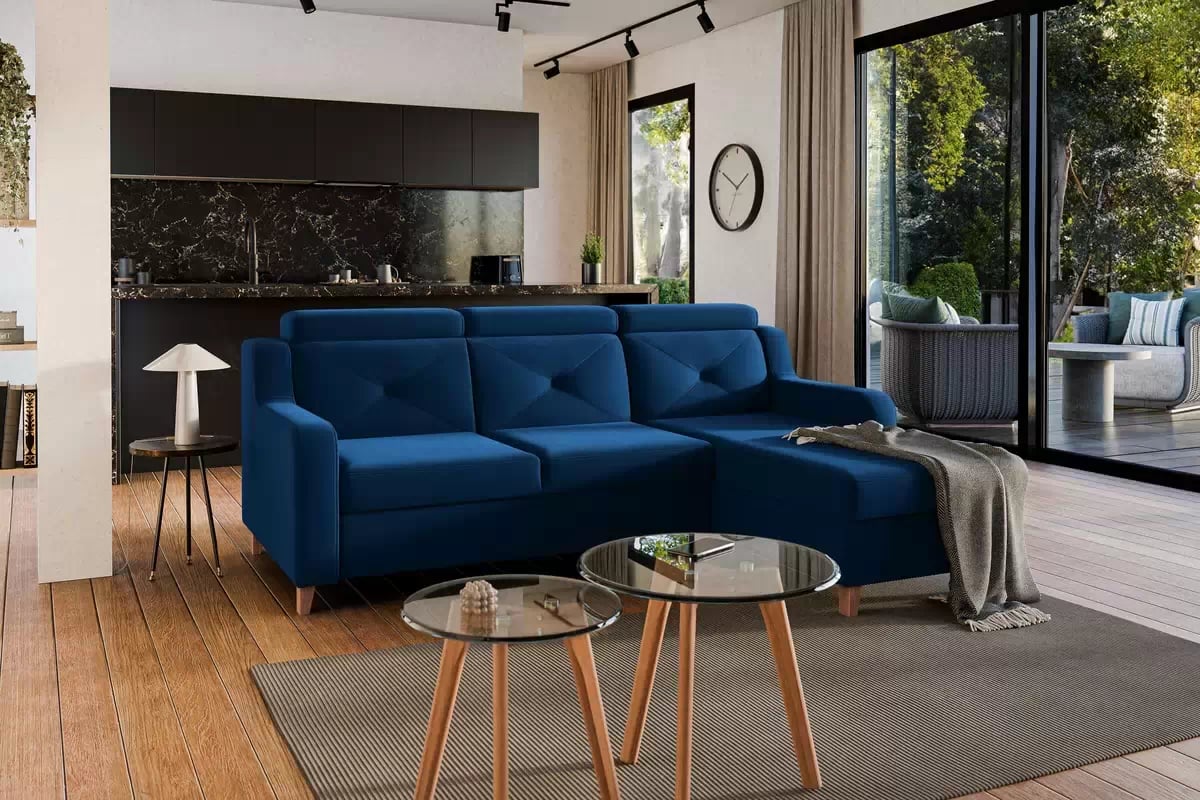 Rohová sedačka Laksaro s rozkladom pravostranná - modrý zamat Trinity 31 Rohová sedacia súprava pravá strana s funkciou spania Laksaro - Modrý zamat Trinity 31