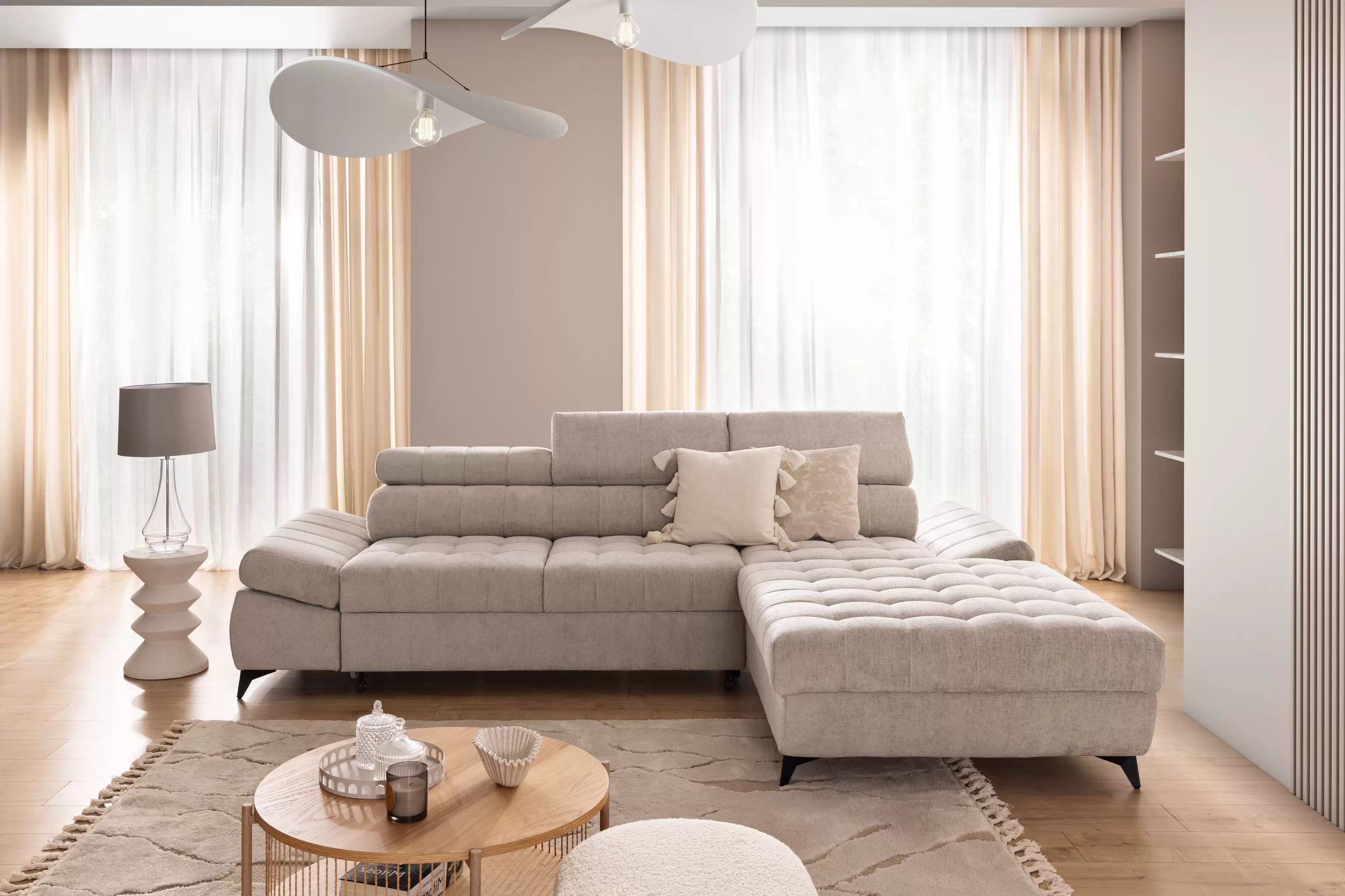 Rohová pohovka Valoris Mini pravá s funkcí spánku - béžový szenil Perfect Harmony 07 Rohová sedací souprava pravá rozkládací Valoris Mini - béžová šenil Perfect harmony 07