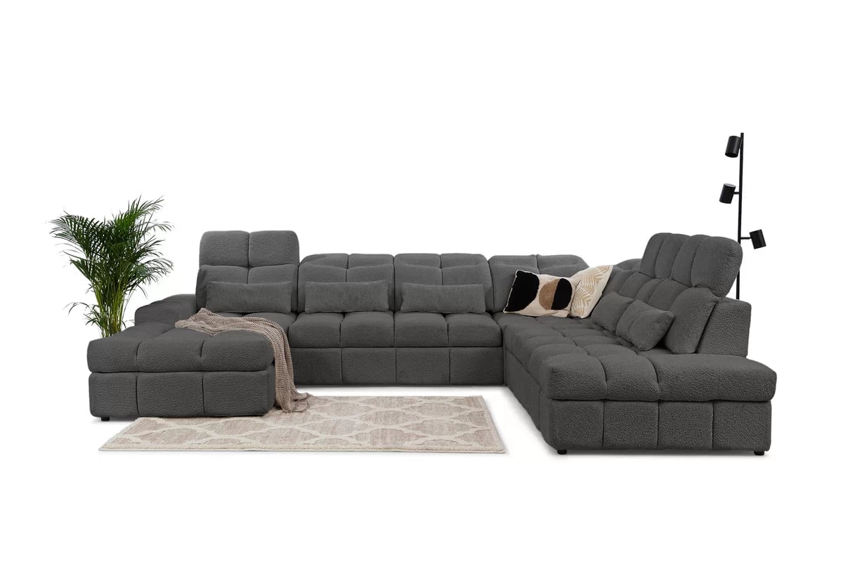 Elektrický rozkládací rohový gauč Magnelio U II pravý - šedá bouclé Catch Me 25 Rohová sedací souprava pravá rozkládací z elektricky wysuwanym sedadlem Magnelio U II - šedá boucle Catch Me 25 