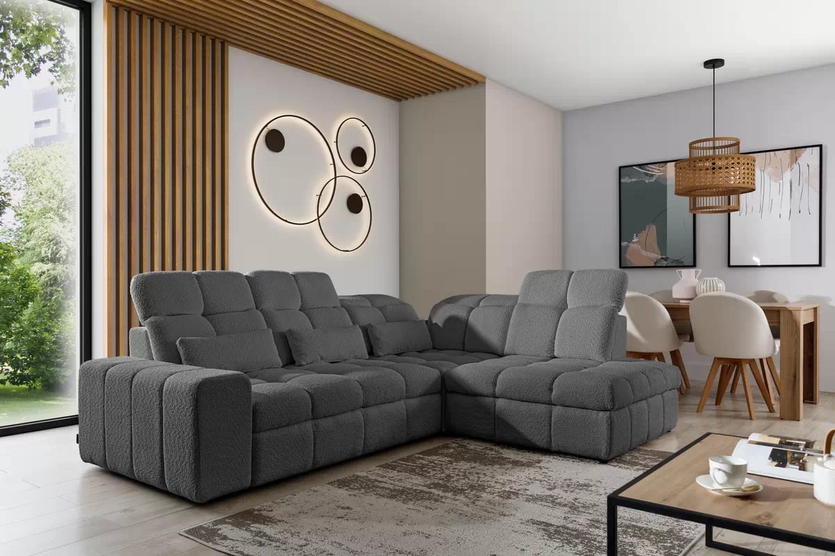 Elektrický rozkládací rohový gauč Magnelio L pravý - šedá bouclé Catch Me 25 Rohová sedací souprava pravá strana rozkládací z elektricky wysuwanym sedadlem Magnelio L - šedá boucle Catch me 25