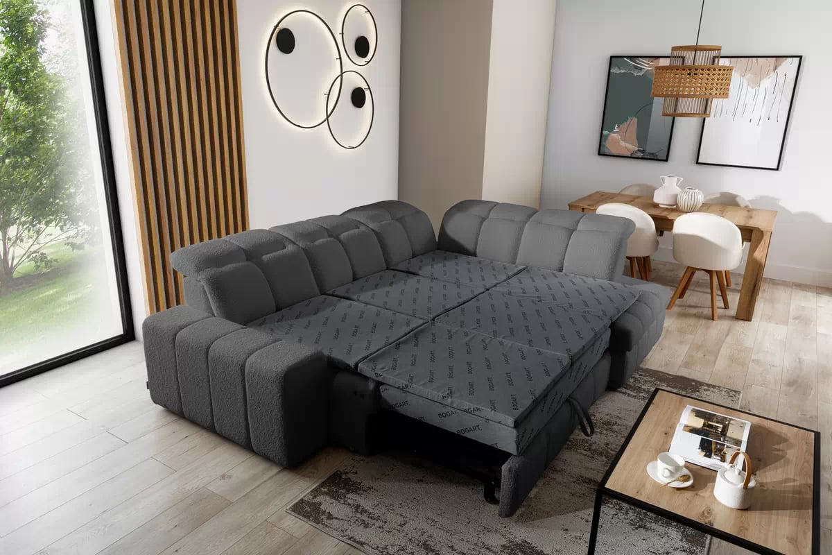 Elektrický rozkládací rohový gauč Magnelio L pravý - šedá bouclé Catch Me 25 Rohová sedací souprava pravá strana rozkládací z elektricky wysuwanym sedadlem Magnelio L - šedá boucle Catch me 25