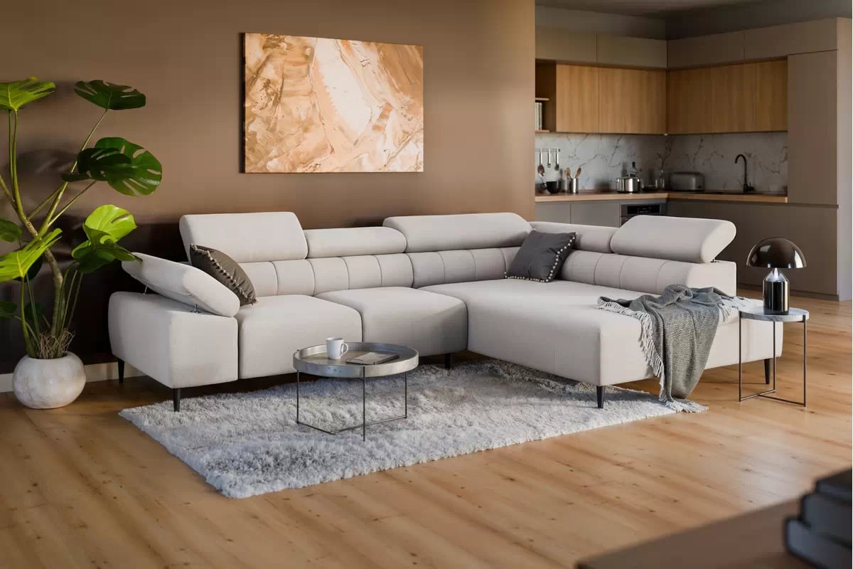 Rohová sedačka Taloria L s el. výsuvným sedadlom pravá - béžová ľahkočistiaca látka Maya 01 / čierne nožičky Rohová sedacia súprava pravá strana Taloria L - Maya 01, nožičky čierny