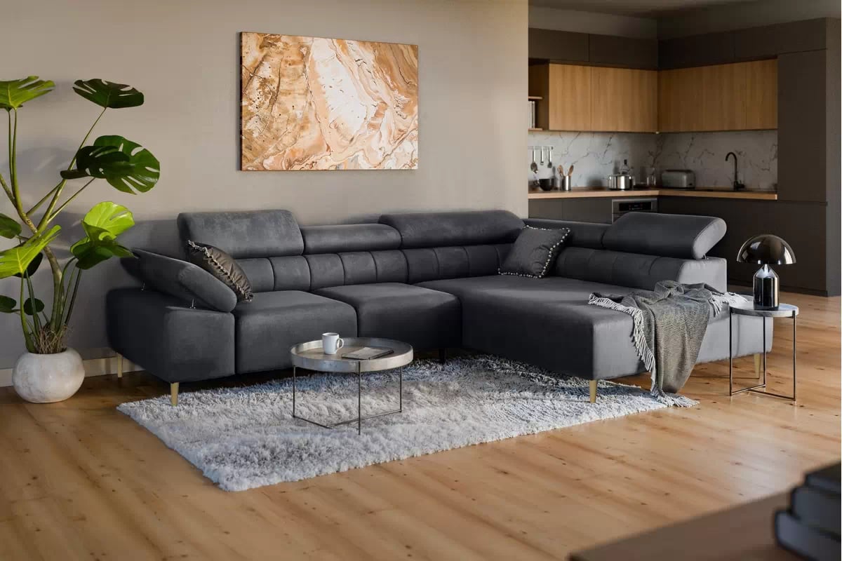 Rohová sedačka Taloria L s el. výsuvným sedadlom pravá - grafitový ľahkočistiaci zamat Zetta 305 / zlaté nožičky Rohová sedacia súprava pravá strana Taloria L - Zetta 305, nožičky zlote