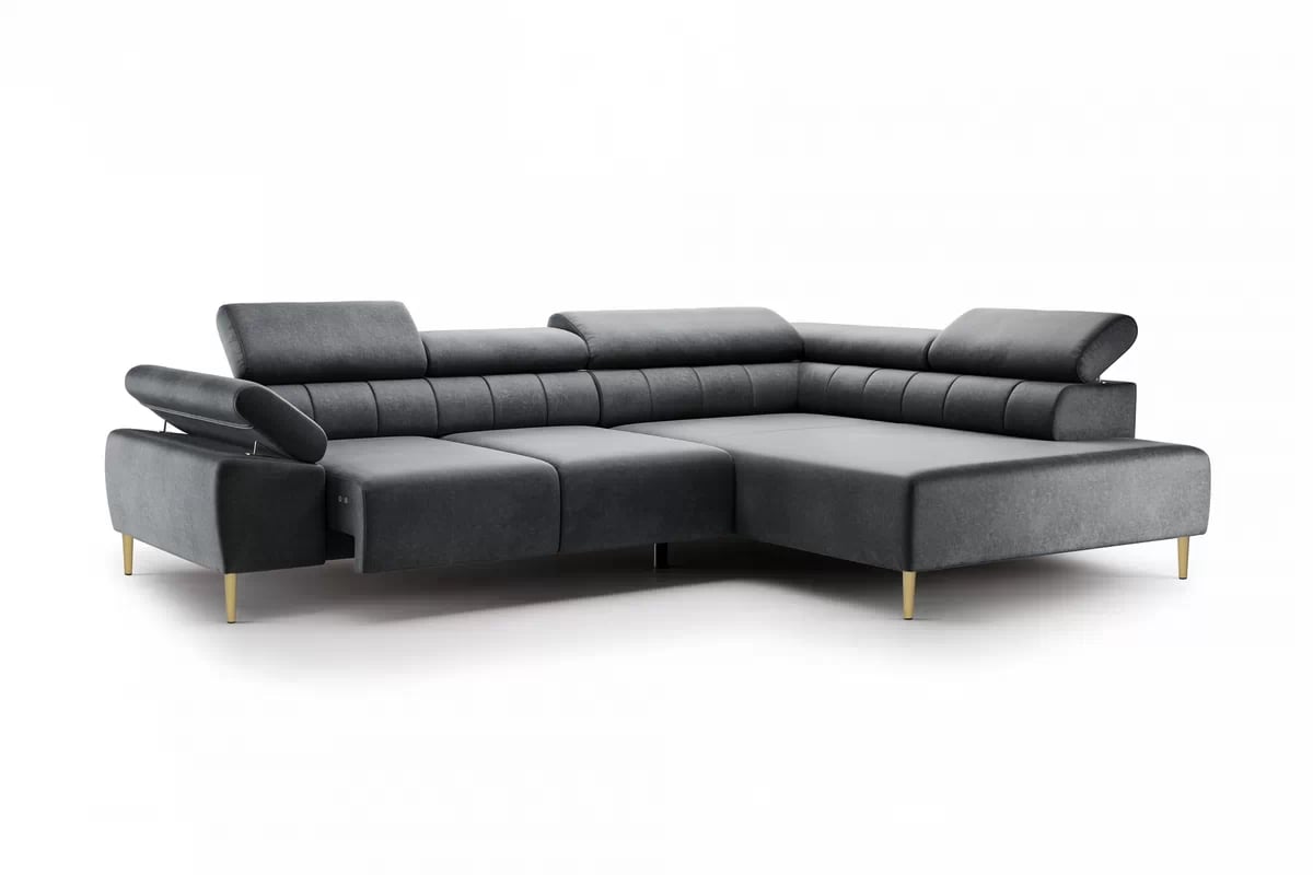 Rohová sedačka Taloria L s el. výsuvným sedadlom pravá - grafitový ľahkočistiaci zamat Zetta 305 / zlaté nožičky Rohová sedacia súprava pravá strana Taloria L - Zetta 305, nožičky zlote