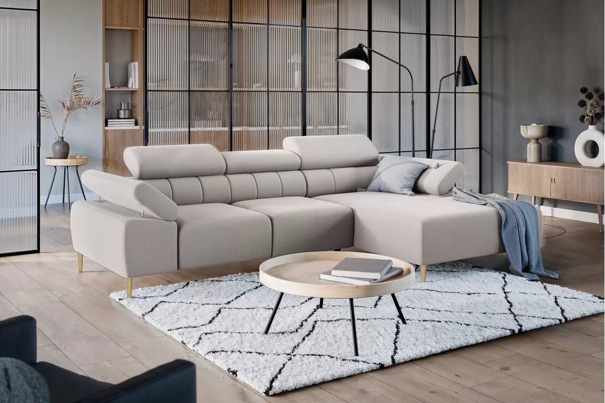 Rohová sedací souprava Taloria Mini pravá - béžová látka Maya 01 / zlaté nožky Rohová sedací souprava pravá Taloria Mini - Maya 01, Nohy zlaté