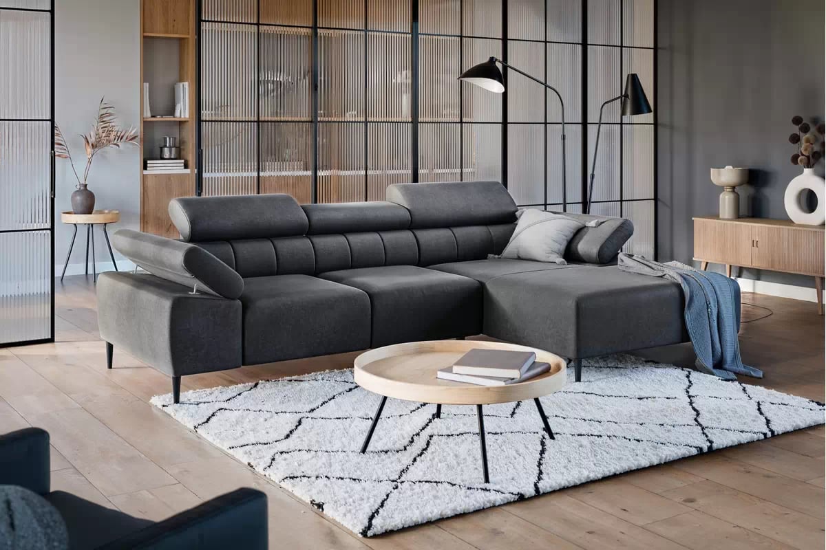 Rohová sedačka Taloria Mini s el. výsuvným sedadlom pravá - šedý ľahkočistiaci zamat Zetta 305 / čierne nožičky Rohová sedacia súprava pravá strana Taloria Mini - Zetta 305, nožičky čierny