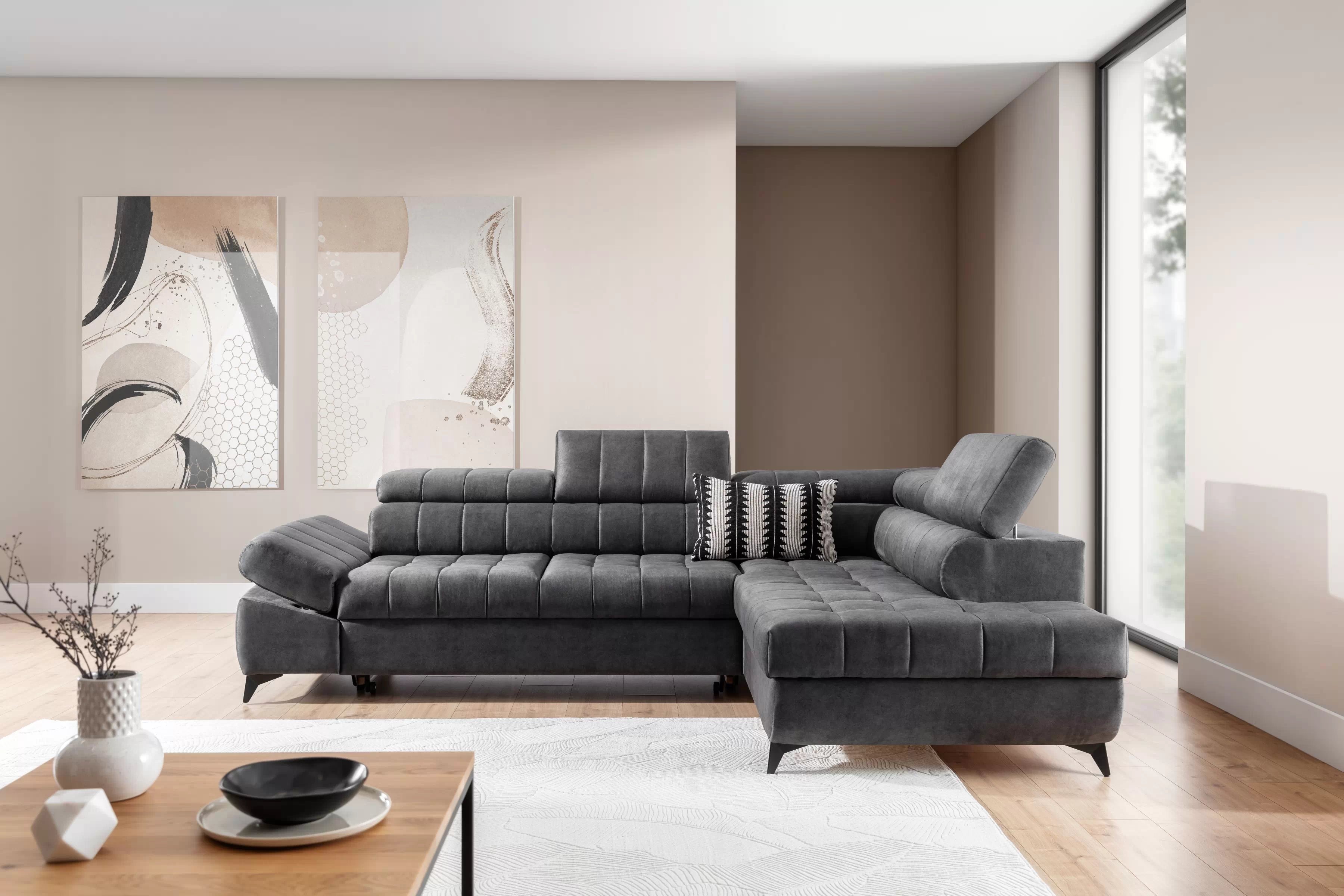 Pravostranná rohová sedačka Valoris L s rozkladom - grafitový hydrofóbny zamat Zetta 305 Rohová sedacia súprava pravá strana Valoris L s funkciou spánku - Grafitový velúr hydrofobowy Zetta 305