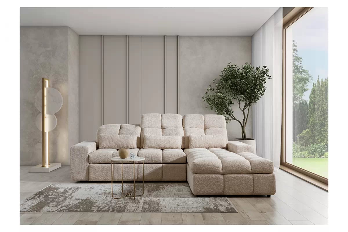 Elektrický rozkládací rohový gauč Magnelio Mini pravý - béžová bouclé Catch Me 02 Rohová sedací souprava pravá strana z elektricky wysuwanym sedadlem i funkcja spaní Magnelio Mini - Béžová boucla Catch Me 02