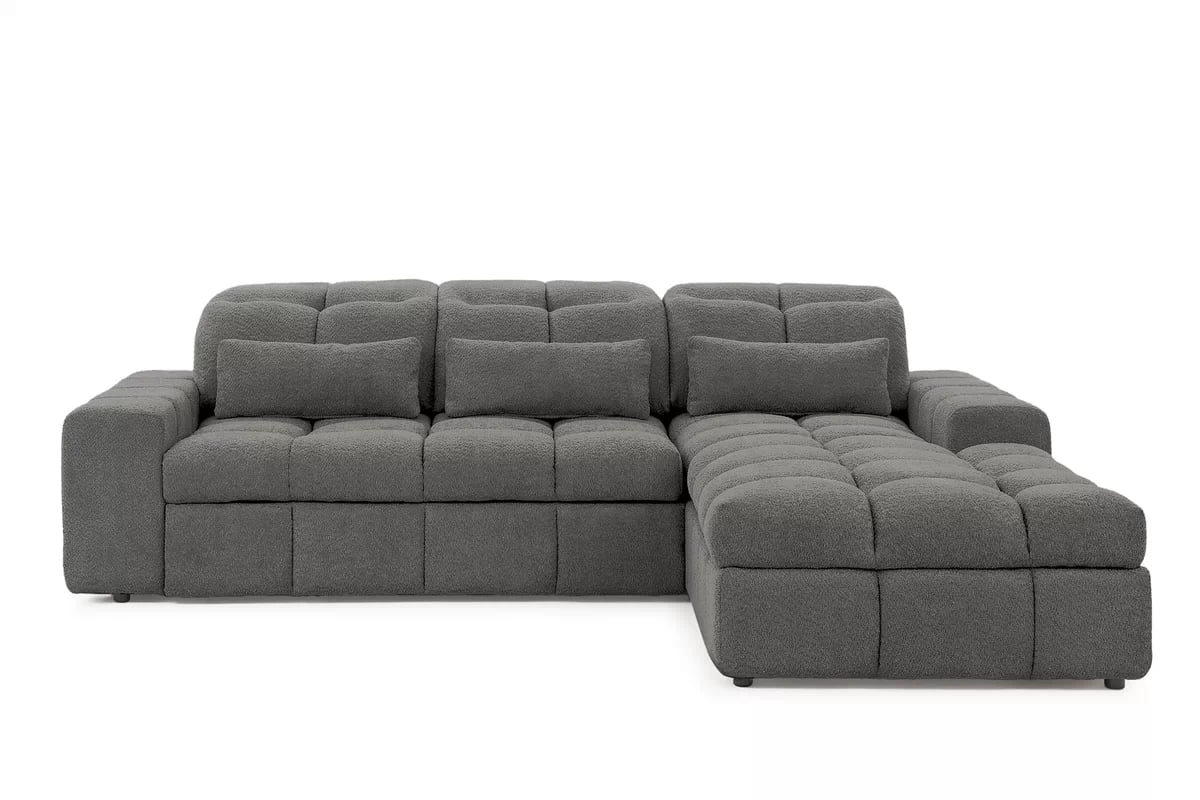 Elektrický rozkládací rohový gauč Magnelio Mini pravý - šedá bouclé Catch Me 25 Rohová sedací souprava pravá strana z elektricky wysuwanym sedadlem i funkcja spaní Magnelio Mini - šedá boucla Catch Me 25
