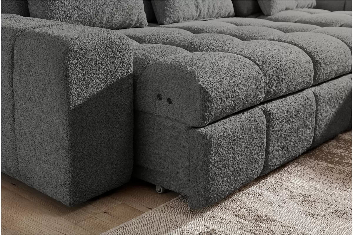 Elektrický rozkládací rohový gauč Magnelio Mini pravý - šedá bouclé Catch Me 25 Rohová sedací souprava pravá strana z elektricky wysuwanym sedadlem i funkcja spaní Magnelio Mini - šedá boucla Catch Me 25