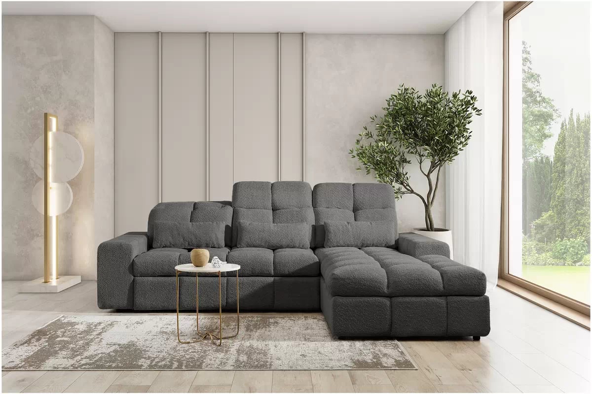 Elektrický rozkládací rohový gauč Magnelio Mini pravý - šedá bouclé Catch Me 25 Rohová sedací souprava pravá strana z elektricky wysuwanym sedadlem i funkcja spaní Magnelio Mini - šedá boucla Catch Me 25