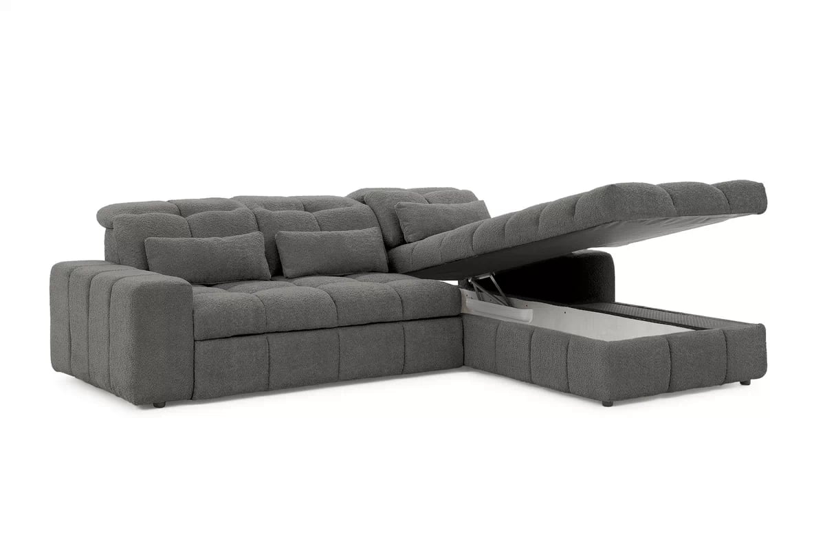Elektrický rozkládací rohový gauč Magnelio Mini pravý - šedá bouclé Catch Me 25 Rohová sedací souprava pravá strana z elektricky wysuwanym sedadlem i funkcja spaní Magnelio Mini - šedá boucla Catch Me 25