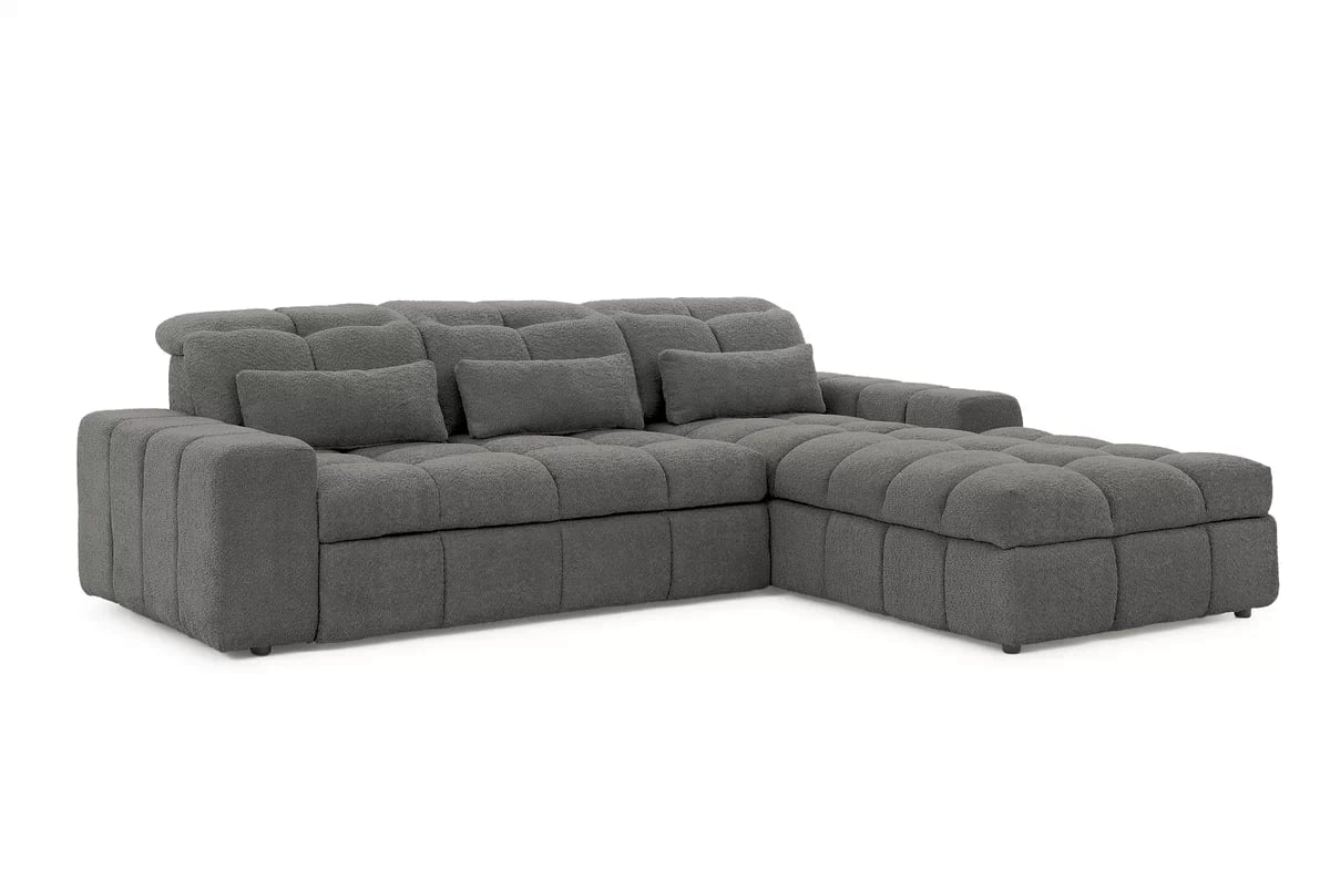 Elektrický rozkládací rohový gauč Magnelio Mini pravý - šedá bouclé Catch Me 25 Rohová sedací souprava pravá strana z elektricky wysuwanym sedadlem i funkcja spaní Magnelio Mini - šedá boucla Catch Me 25