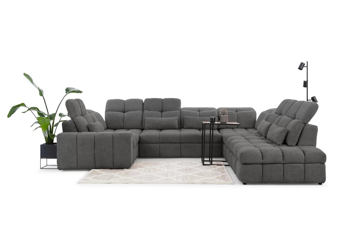 Rohová sedacia súprava Magnelio U pravá elektrická s rozkladacou funkciou - sivá bouclé Catch Me 25 Rohová sedacia súprava pravá strana s elektricky výsuvným sedákem i i funkcja spania Magnelio U - šedá boucle Catch Me 25 