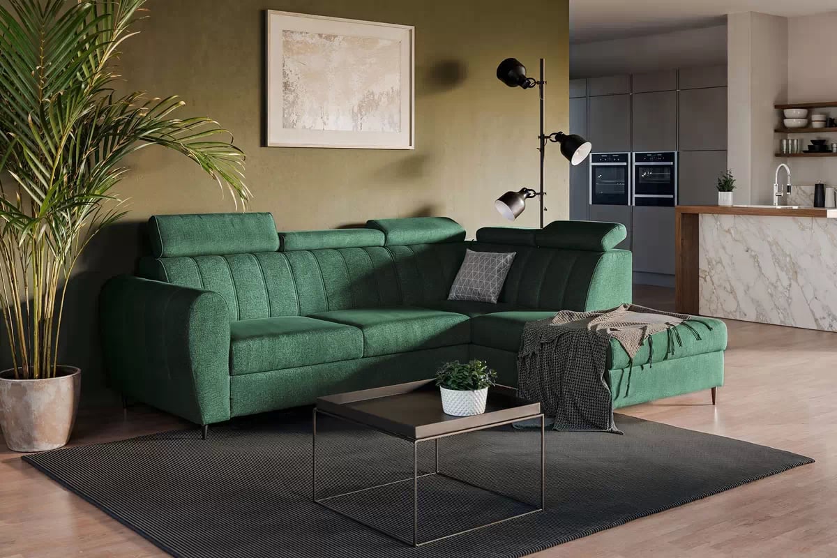 Rozkládací rohová sedací souprava Celias L pravá - zelený samet Kronos 19 Rohová sedací souprava pravá strana s funkcí spaní Celias L - Zelený samet Kronos 19