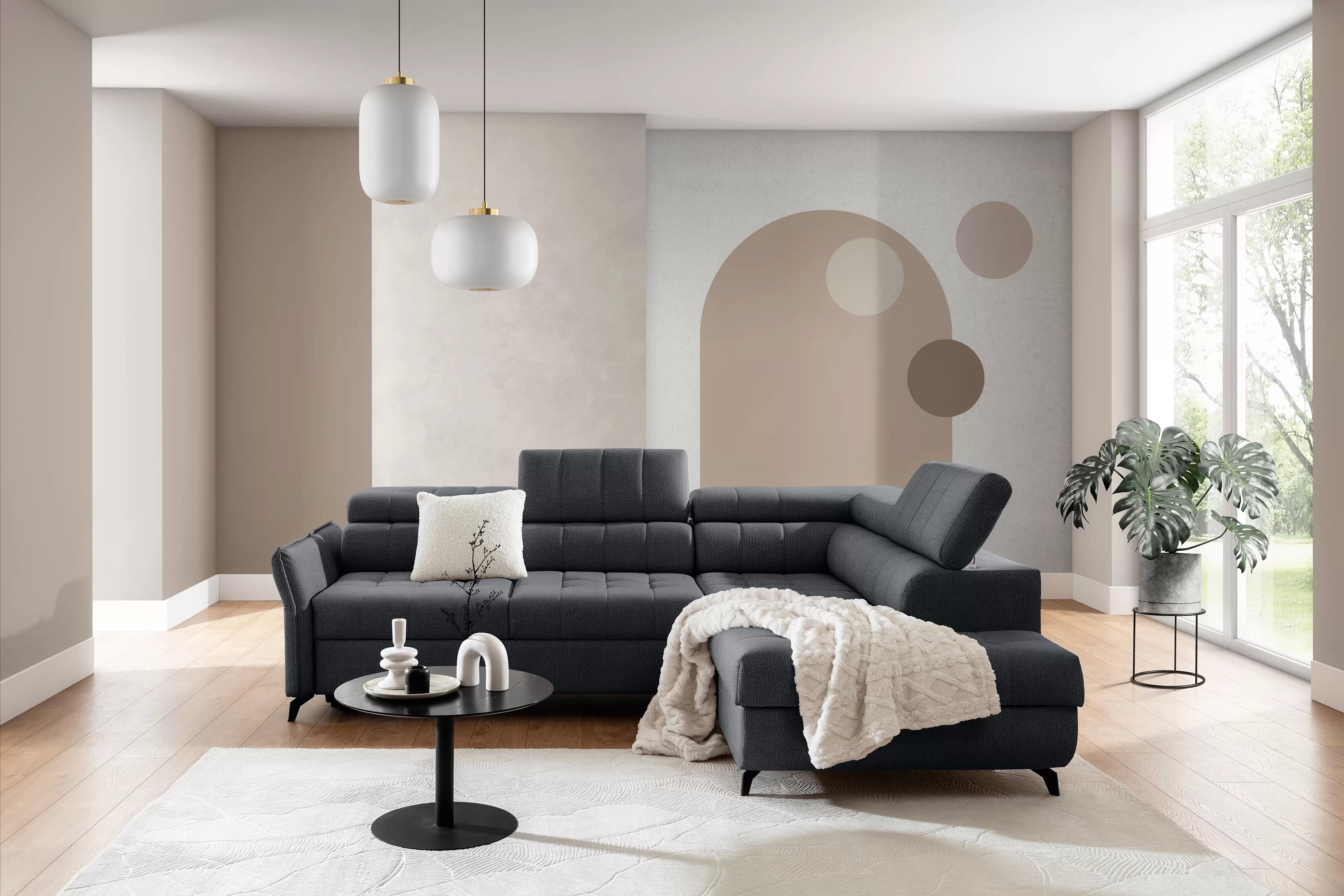 Rozkládací rohová sedací souprava Elarias L pravá - grafitová Perfect Harmony 90 Rohová sedací souprava pravá rozkládací Elarias L - grafitová šenil Perfect Harmony 90