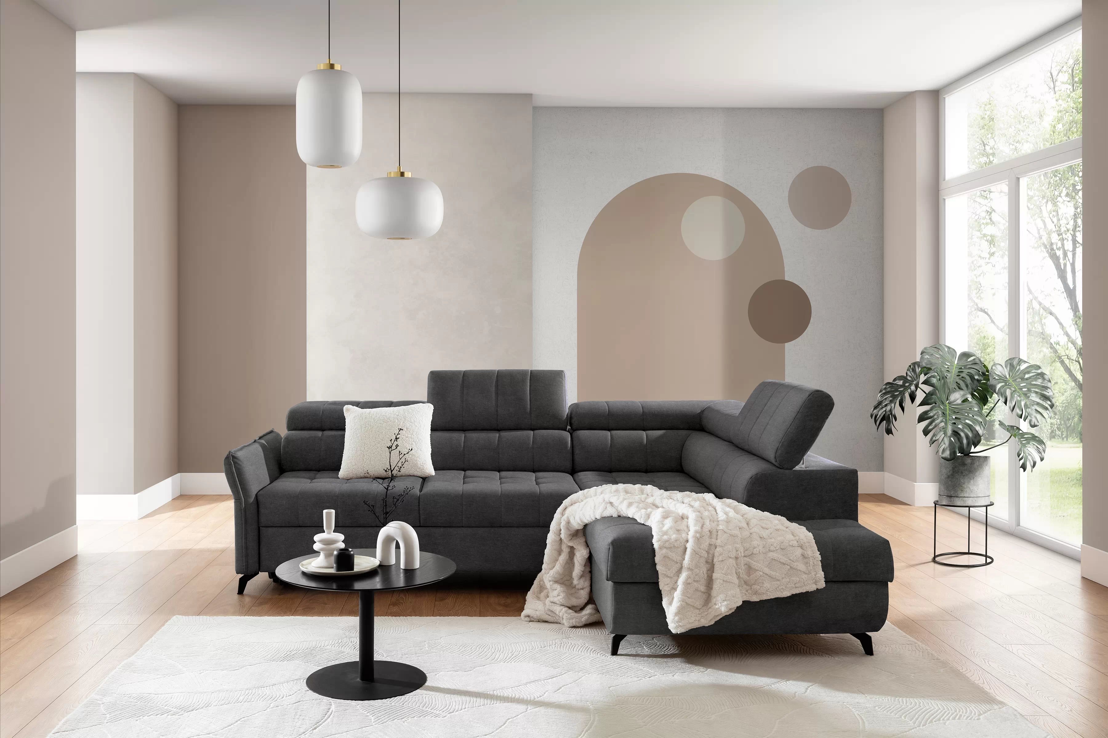 Rohová sedacia súprava Elarias L pravá s funkciou spania - grafitový hydrofóbny zamat Zetta 305 Rohová sedacia súprava pravá strana s funkciou spania Elarias L - Grafitový zamat hydrofobowy Zetta 305