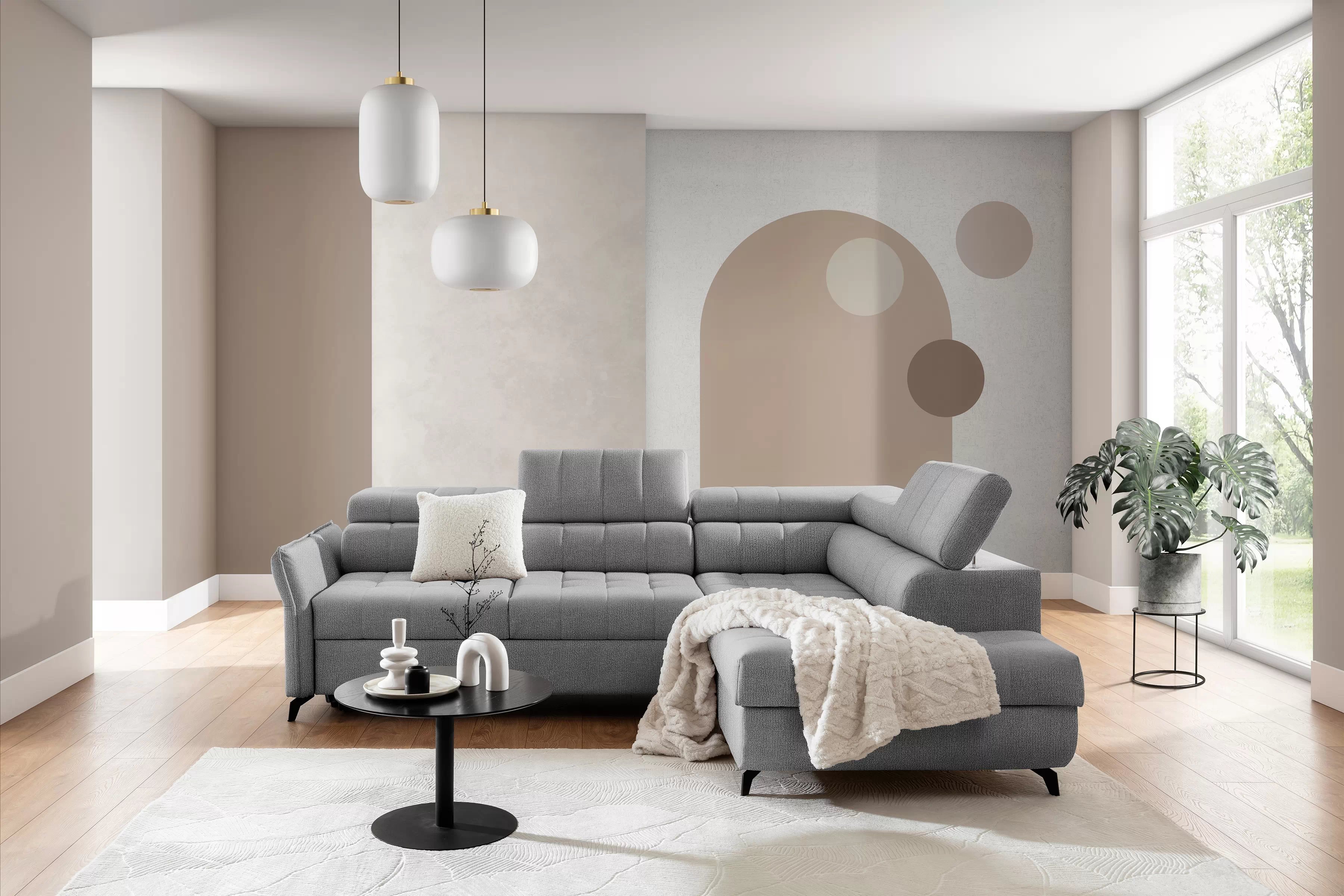 Rozkládací rohová sedací souprava Elarias L pravá - šedá Perfect Harmony 80 Rohová sedací souprava pravá rozkládací Elarias L - šedá šenil Perfect Harmony 80