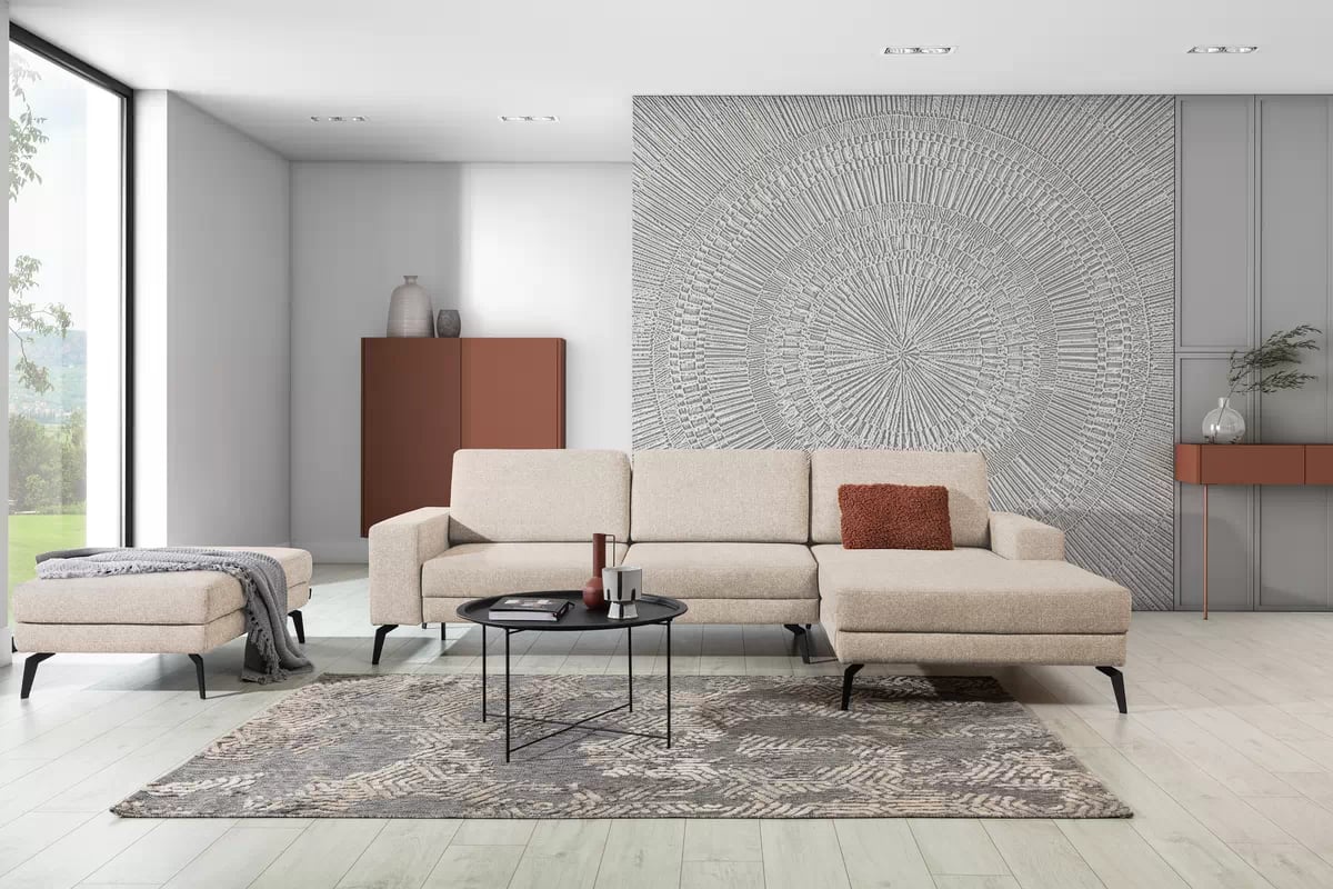 Rozkladacia rohová sedacia súprava Elentio Mini pravá - béžová pletenina Magni 206.02 Rohová sedacia súprava Elentio mini aranzacja