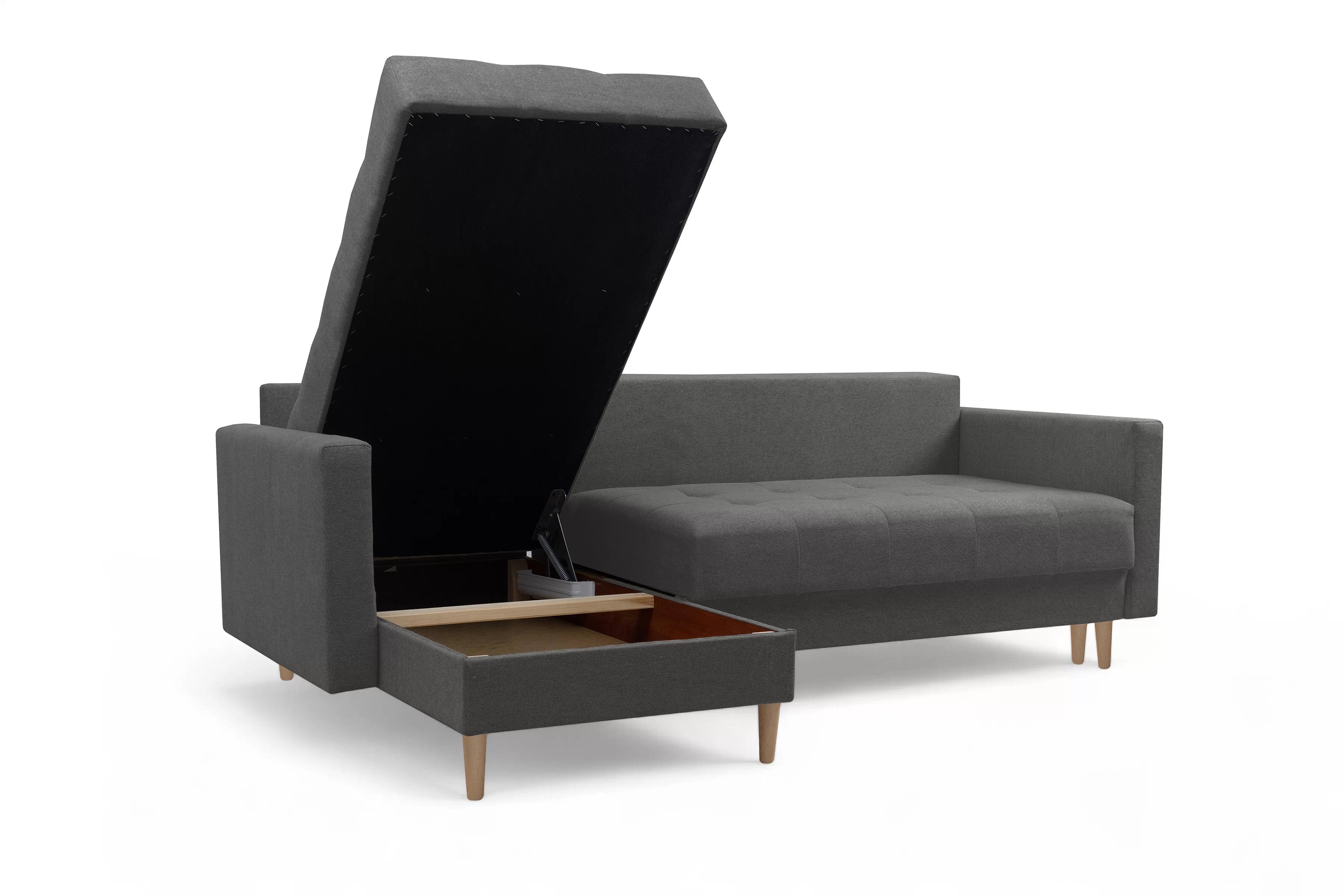 Rozkládací rohová sedací souprava Romano L univerzální - tmavě šedá látka Gemma 93 / nožky buk Rohová sedací souprava Romano L rozkladany uniwersalny prawo/levá - ciemno šedá plecionka Gemma 93