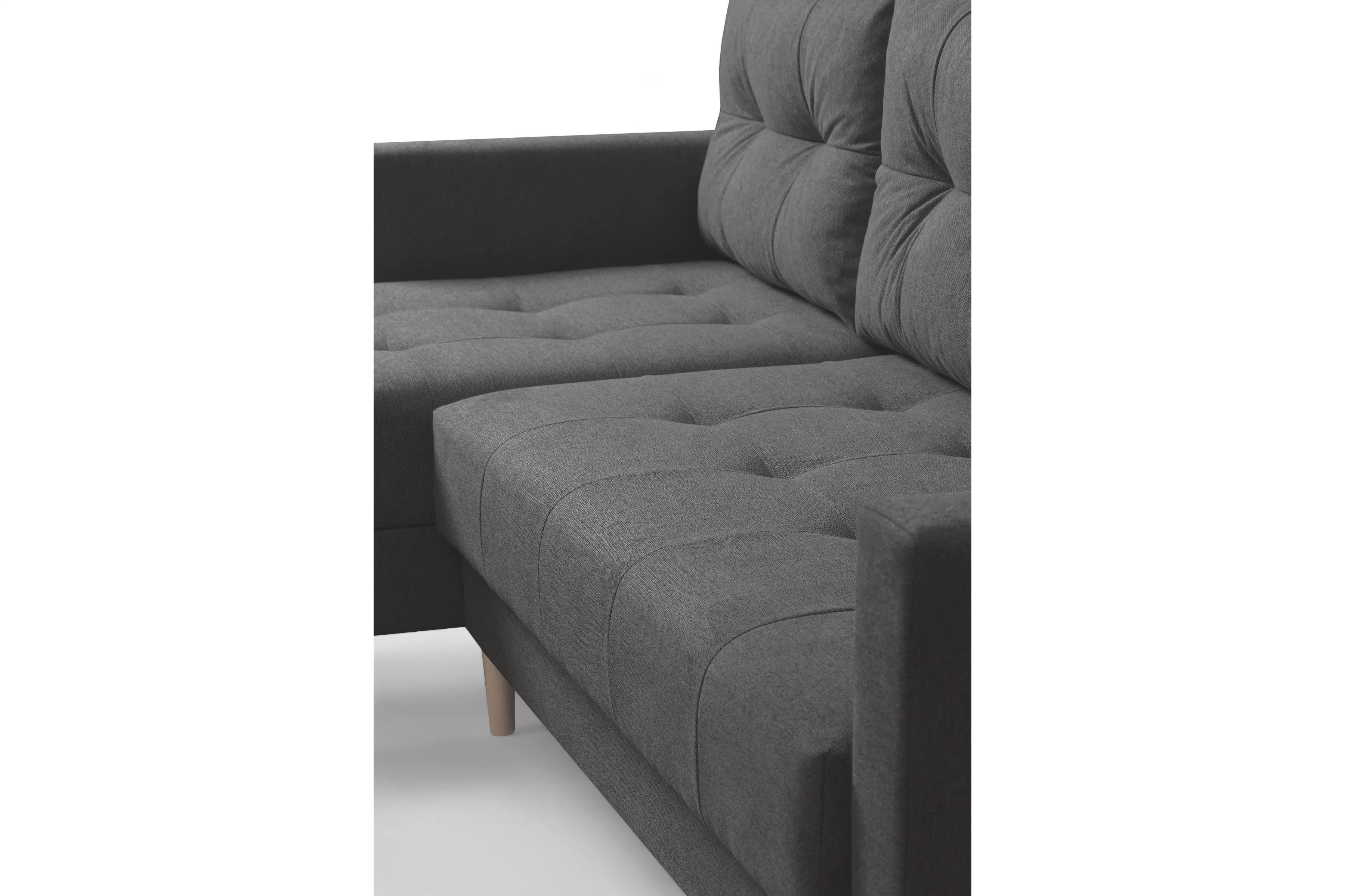 Rozkládací rohová sedací souprava Romano L univerzální - tmavě šedá látka Gemma 93 / nožky buk Rohová sedací souprava Romano L rozkladany uniwersalny prawo/levá - ciemno šedá plecionka Gemma 93