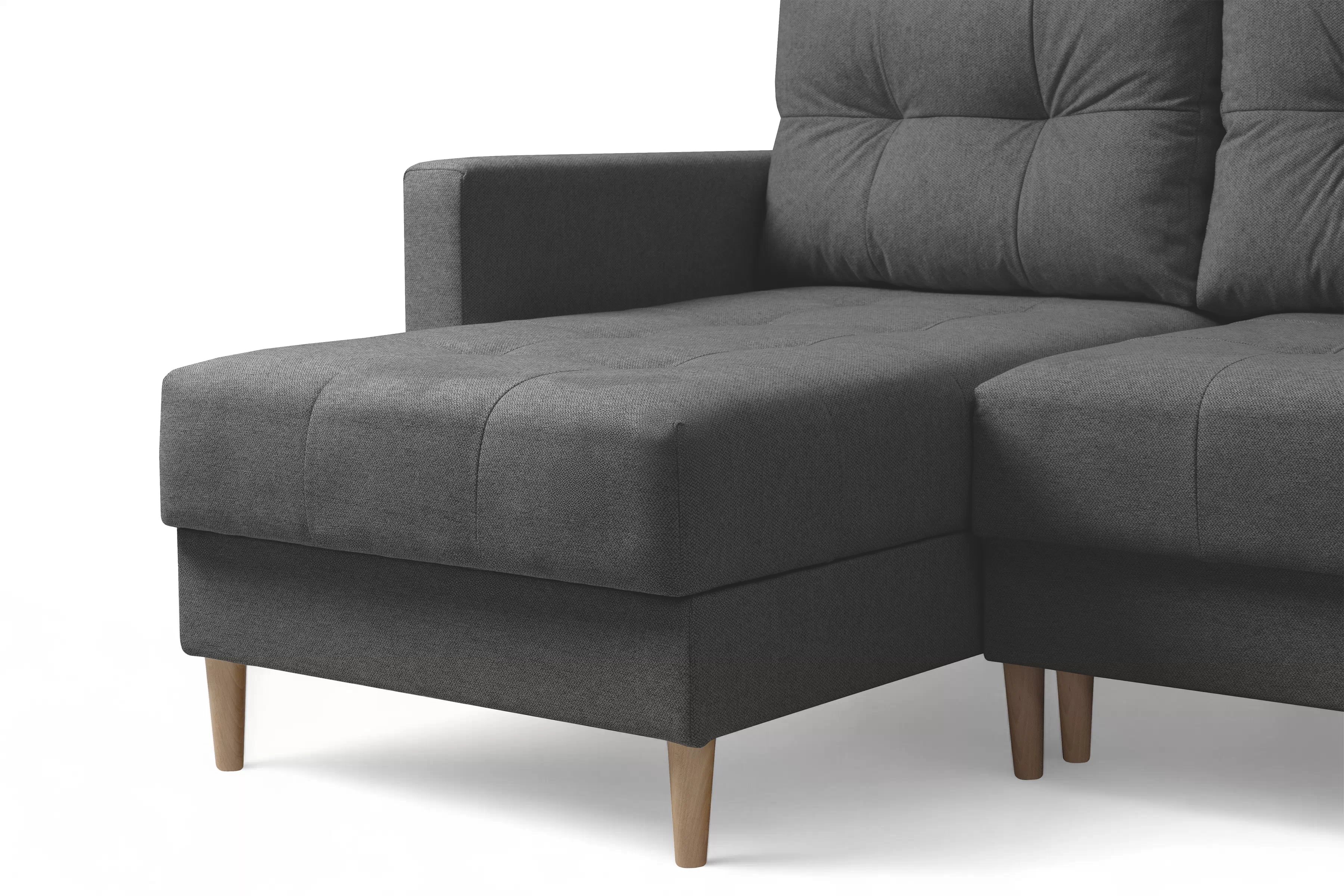 Rozkládací rohová sedací souprava Romano L univerzální - tmavě šedá látka Gemma 93 / nožky buk Rohová sedací souprava Romano L rozkladany uniwersalny prawo/levá - ciemno šedá plecionka Gemma 93