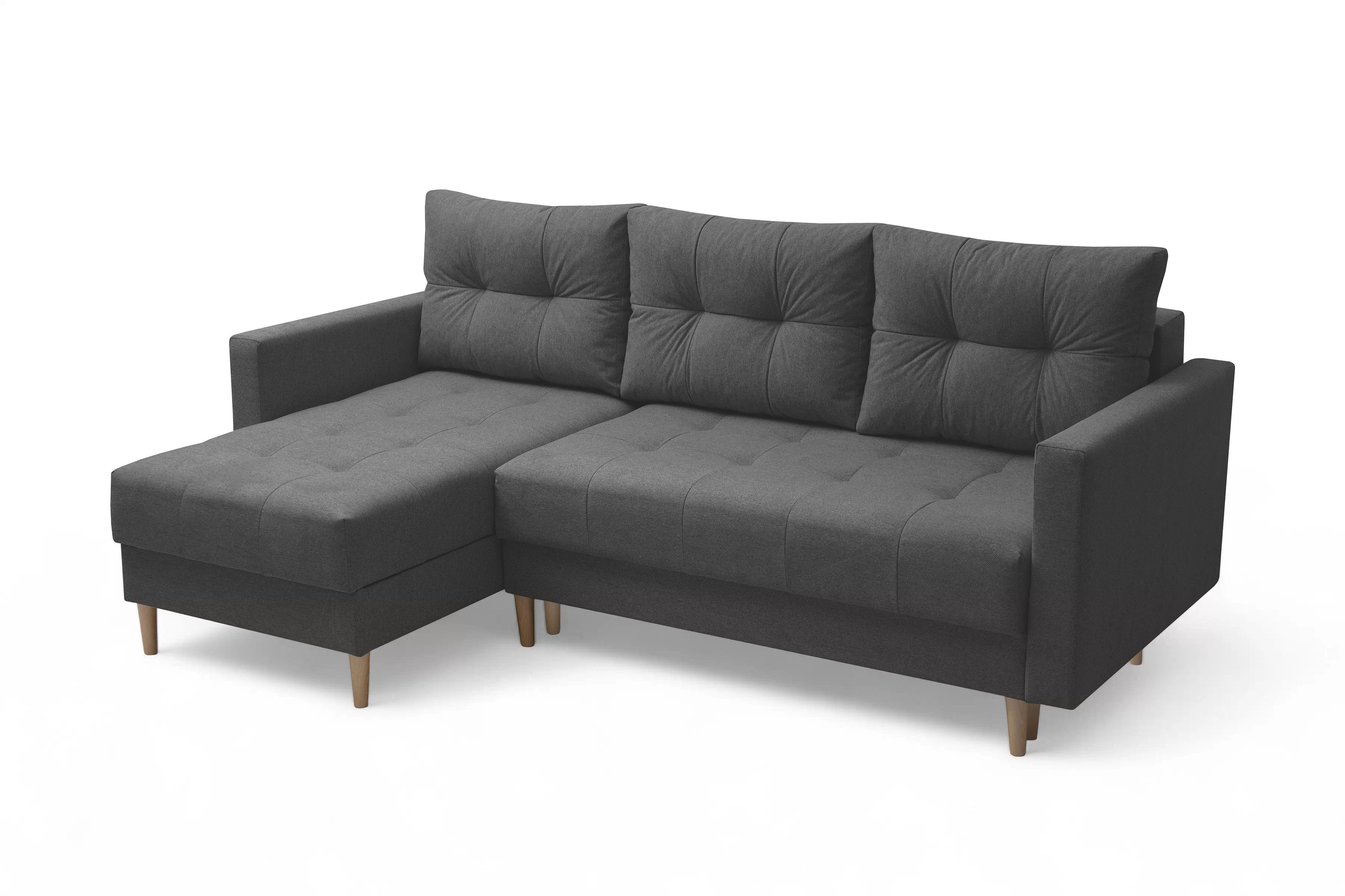 Rozkládací rohová sedací souprava Romano L univerzální - tmavě šedá látka Gemma 93 / nožky buk Rohová sedací souprava Romano L rozkladany uniwersalny prawo/levá - ciemno šedá plecionka Gemma 93