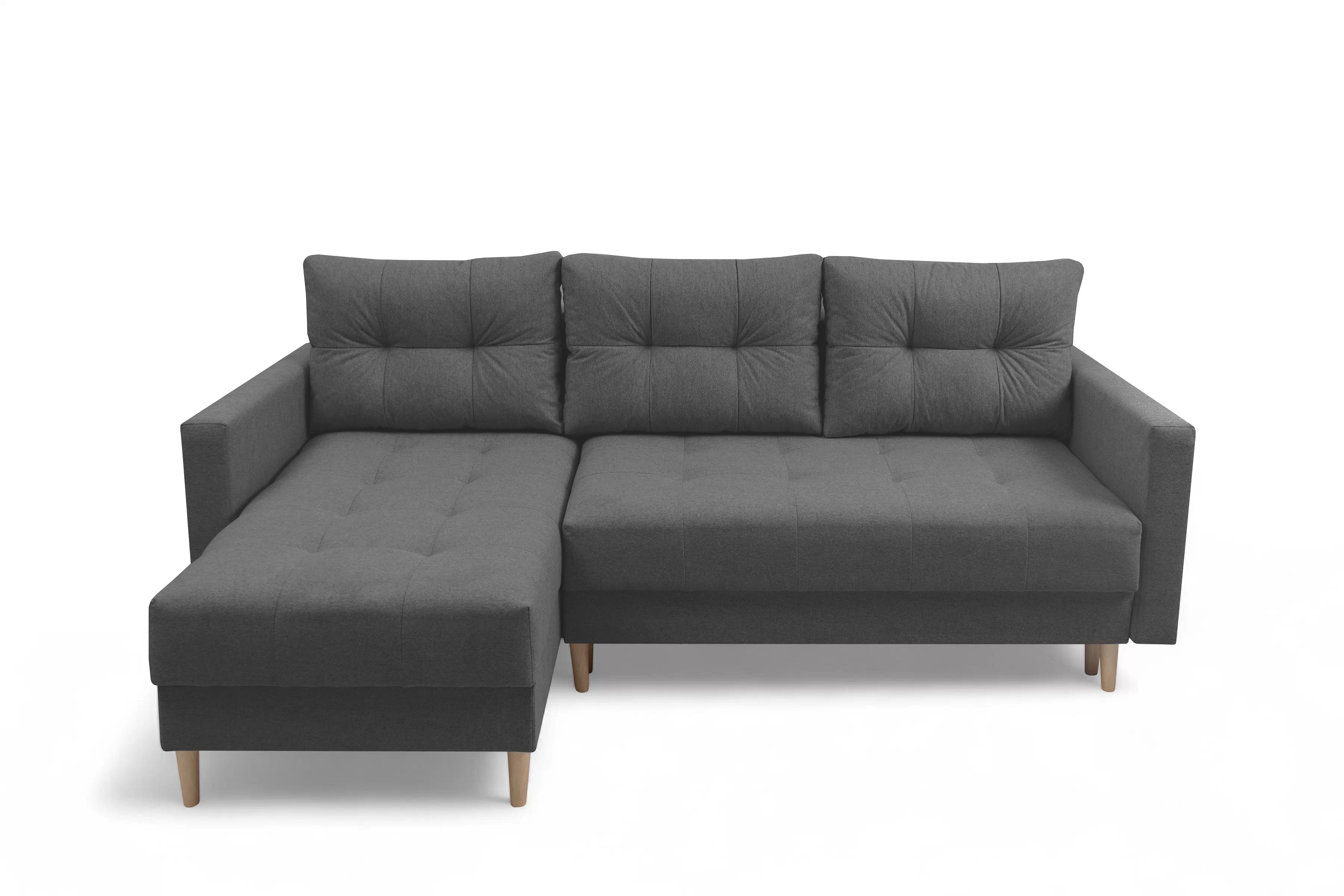 Rozkládací rohová sedací souprava Romano L univerzální - tmavě šedá látka Gemma 93 / nožky buk Rohová sedací souprava Romano L rozkladany uniwersalny prawo/levá - ciemno šedá plecionka Gemma 93