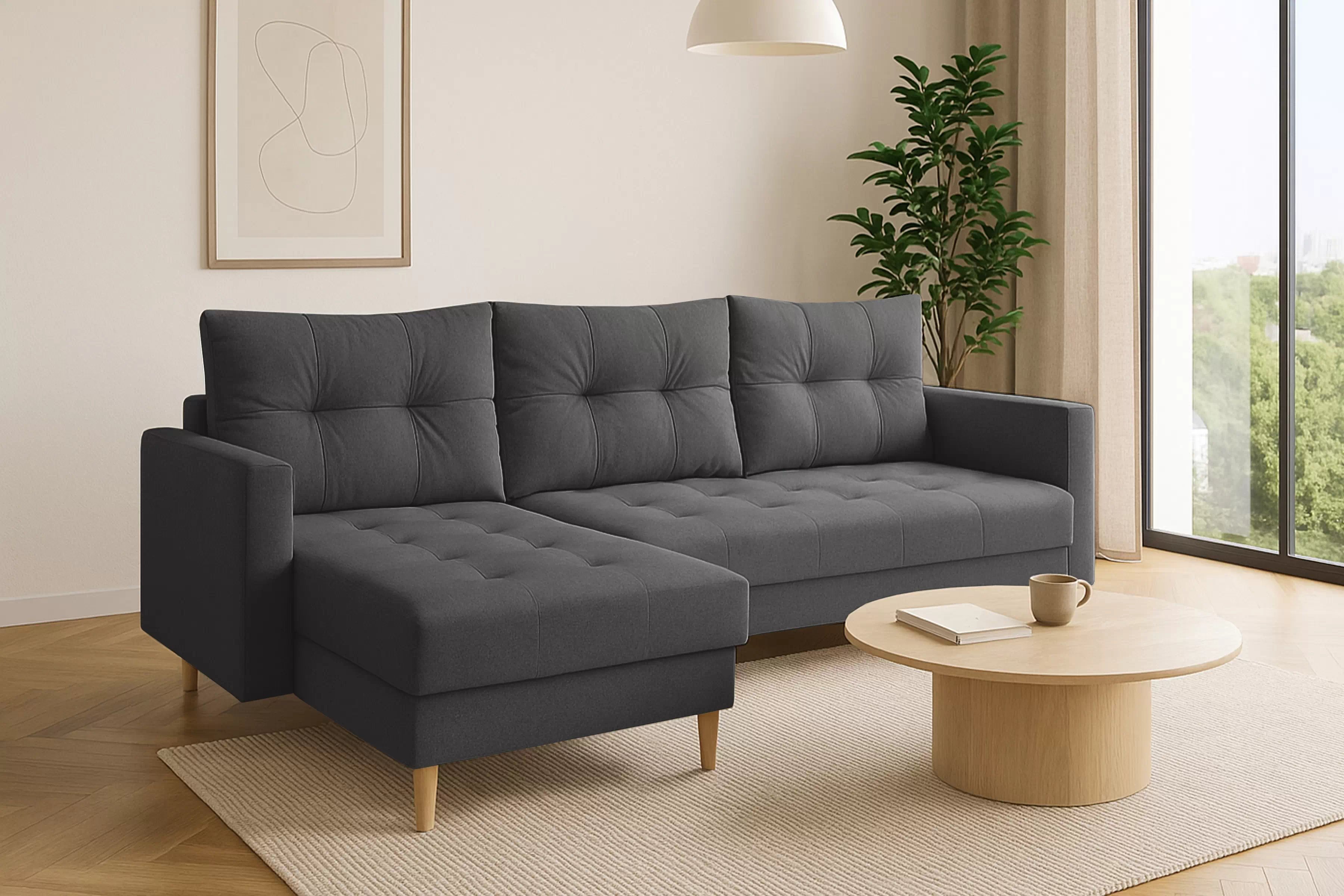 Rozkládací rohová sedací souprava Romano L univerzální - tmavě šedá látka Gemma 93 / nožky buk Rohová sedací souprava Romano L rozkladany uniwersalny prawo/levá - ciemno šedá plecionka Gemma 93