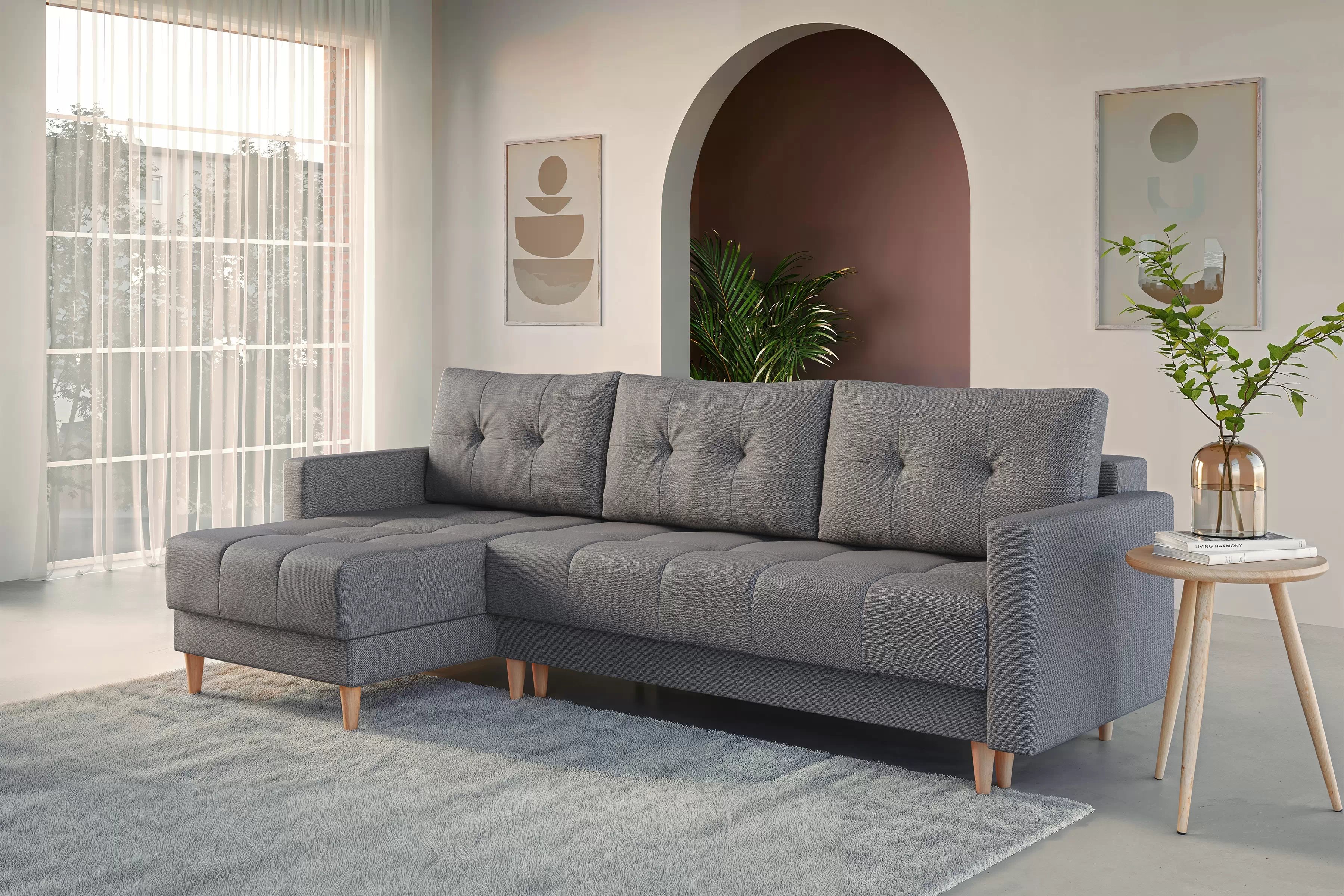 Rohová rozkladacia sedačka Romano L univerzálna – sivá pletená látka Gemma 86 / bukové nožičky Rohová sedacia súprava Romano L rozkladany uniwersalny prawo/Ľavá strana - šedá plecionka Gemma 86 / buk 