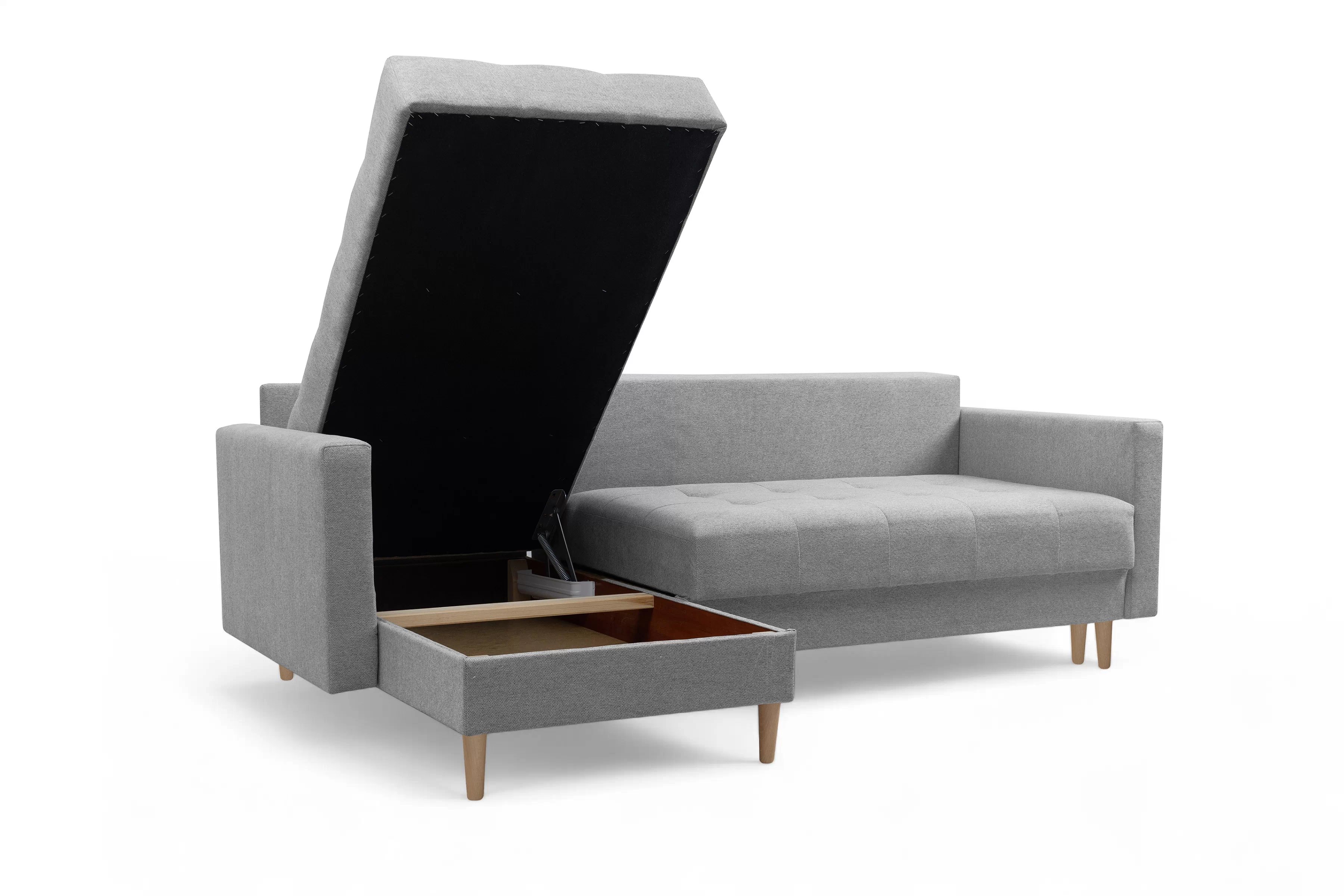 Rohová rozkladacia sedačka Romano L univerzálna – sivá pletená látka Gemma 86 / bukové nožičky Rohová sedacia súprava Romano L rozkladany uniwersalny prawo/Ľavá strana - šedá plecionka Gemma 86