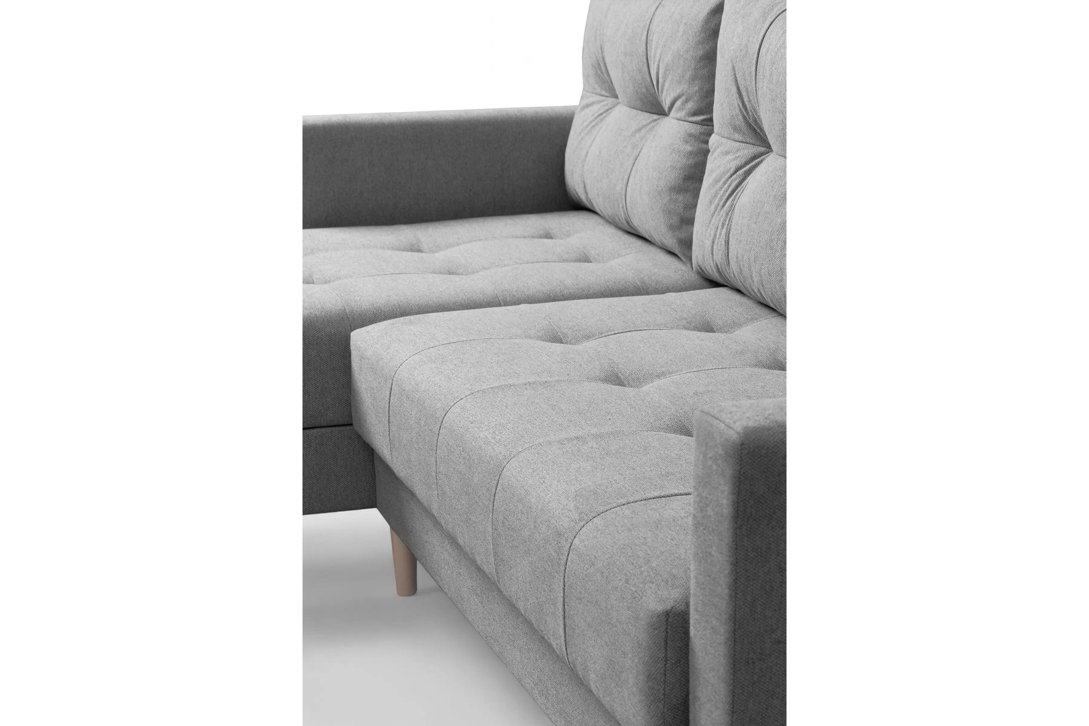 Rohová rozkladacia sedačka Romano L univerzálna – sivá pletená látka Gemma 86 / bukové nožičky Rohová sedacia súprava Romano L rozkladany uniwersalny prawo/Ľavá strana - šedá plecionka Gemma 86