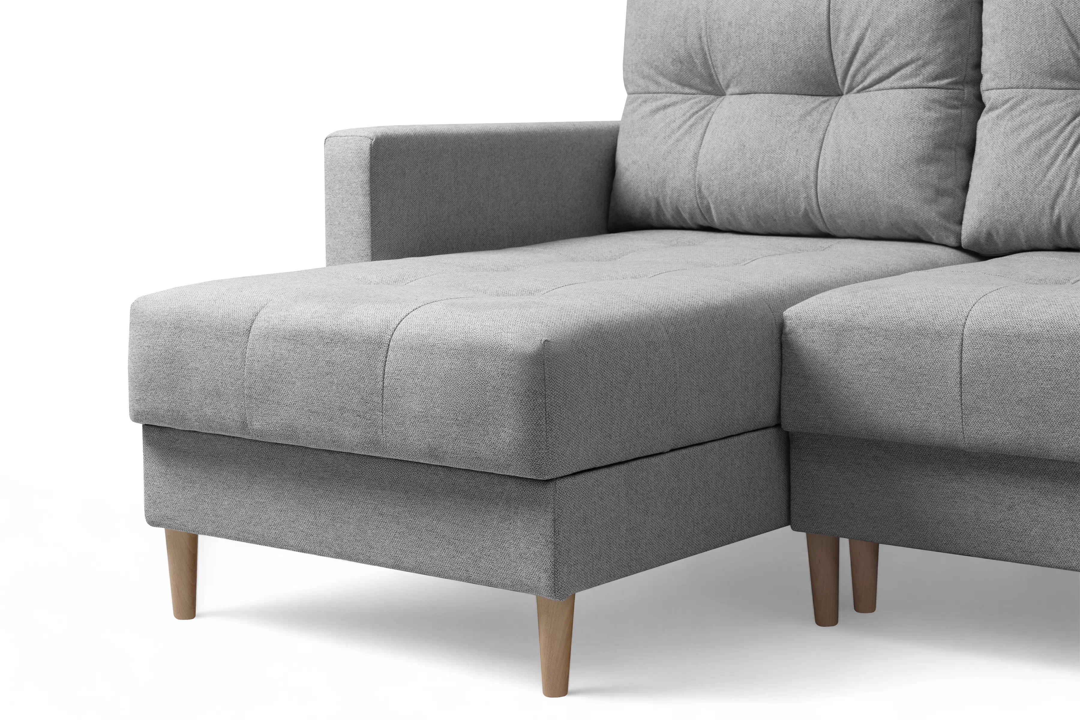 Rohová rozkladacia sedačka Romano L univerzálna – sivá pletená látka Gemma 86 / bukové nožičky Rohová sedacia súprava Romano L rozkladany uniwersalny prawo/Ľavá strana - šedá plecionka Gemma 86