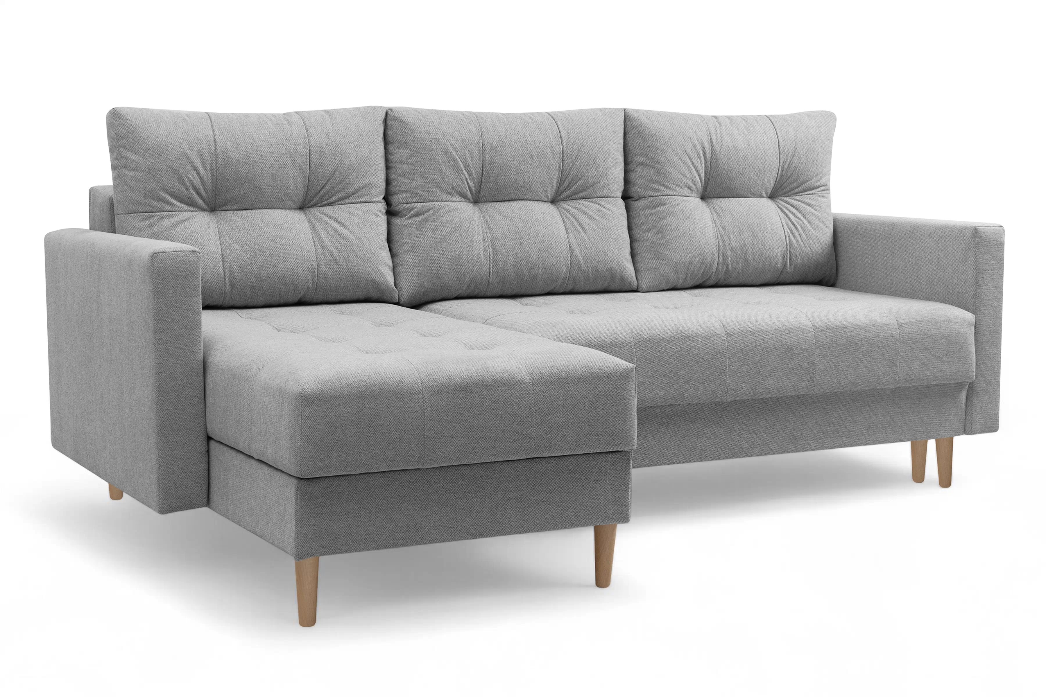 Rohová rozkladacia sedačka Romano L univerzálna – sivá pletená látka Gemma 86 / bukové nožičky Rohová sedacia súprava Romano L rozkladany uniwersalny prawo/Ľavá strana - šedá plecionka Gemma 86