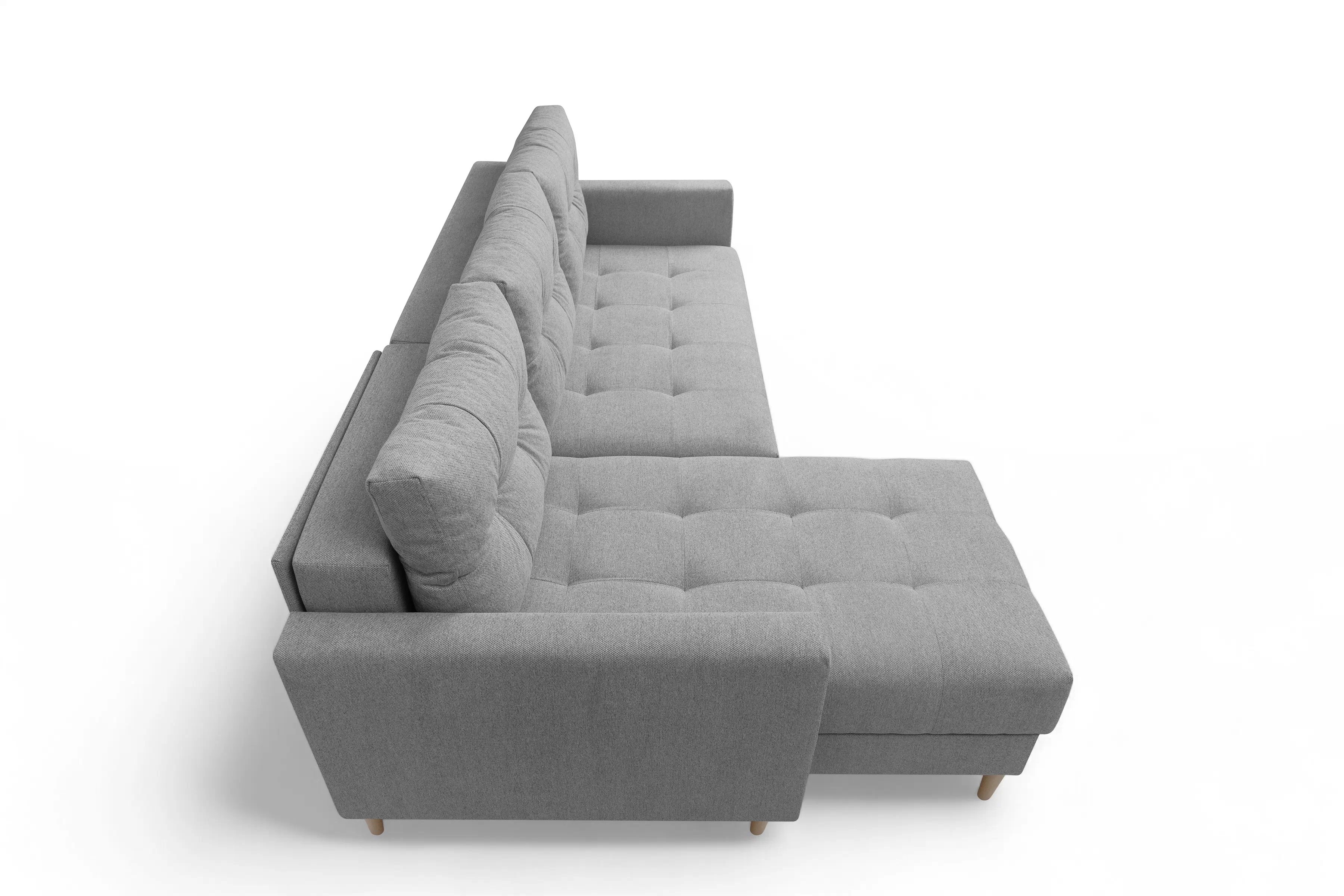 Rohová rozkladacia sedačka Romano L univerzálna – sivá pletená látka Gemma 86 / bukové nožičky Rohová sedacia súprava Romano L rozkladany uniwersalny prawo/Ľavá strana - šedá plecionka Gemma 86